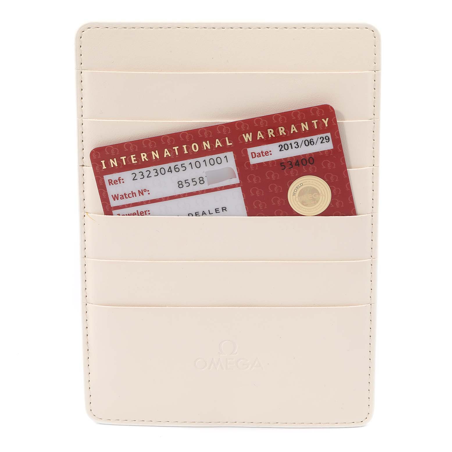 The image shows an International Warranty card for the Omega Planet Ocean 232.30.46.51.01.001 Men
s Stainless Steel Black Dial 232.30.46.51.01.001 Men
s Stainless Steel Black Dial watch in a white Omega cardholder.