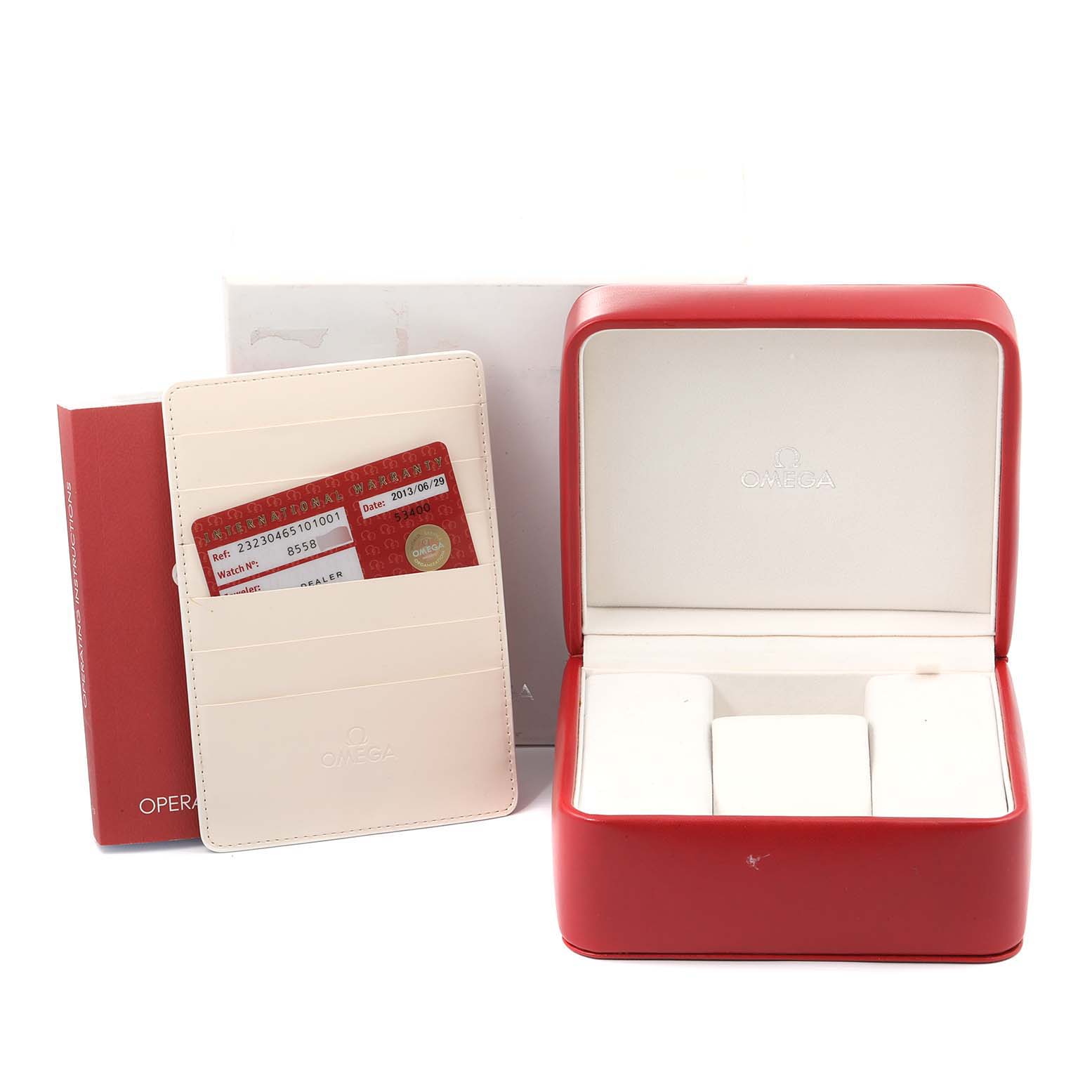 The image shows the Omega Planet Ocean 232.30.46.51.01.001 Men
s Stainless Steel Black Dial 232.30.46.51.01.001 Men
s Stainless Steel Black Dial watch box, warranty card holder, and operation manual.