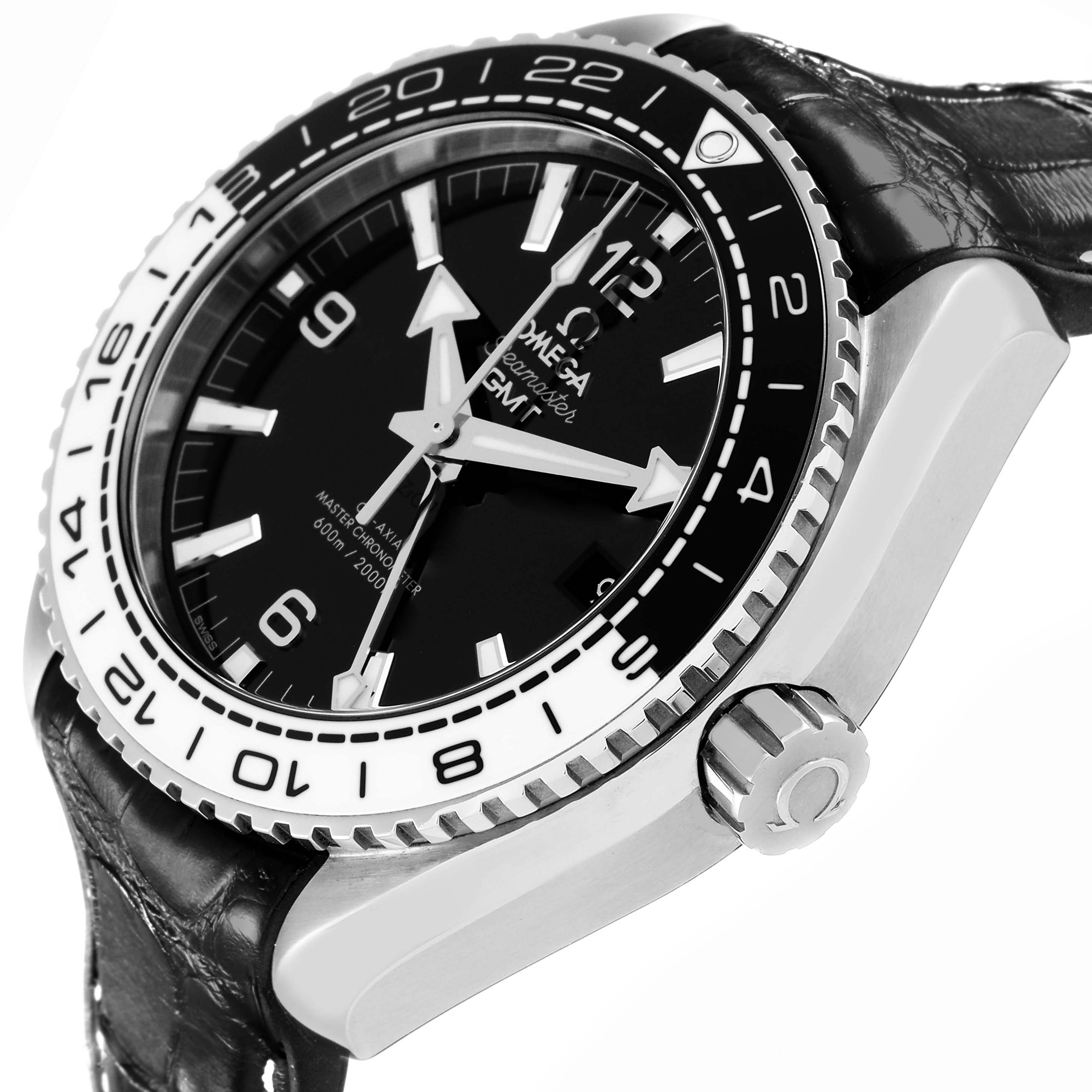 The Omega Planet Ocean 215.33.44.22.01.001 Men
s Stainless Steel Black Dial 215.33.44.22.01.001 Men
s Stainless Steel Black Dial watch is shown at an angled side view, highlighting the bezel, dial, crown, and part of the strap.