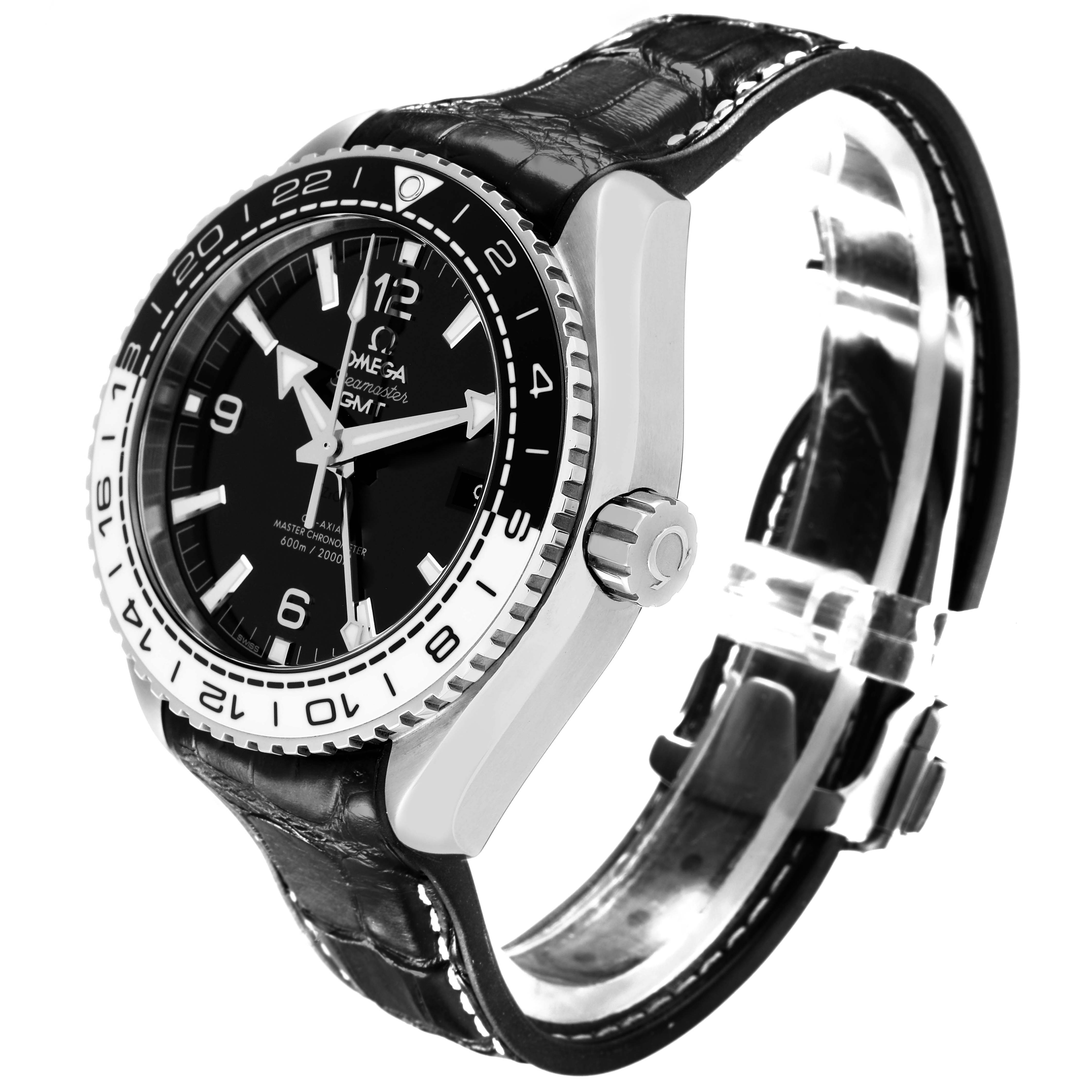 The image shows an Omega Planet Ocean 215.33.44.22.01.001 Men
s Stainless Steel Black Dial 215.33.44.22.01.001 Men
s Stainless Steel Black Dial watch at a three-quarter angle, highlighting the dial, bezel, crown, and strap.