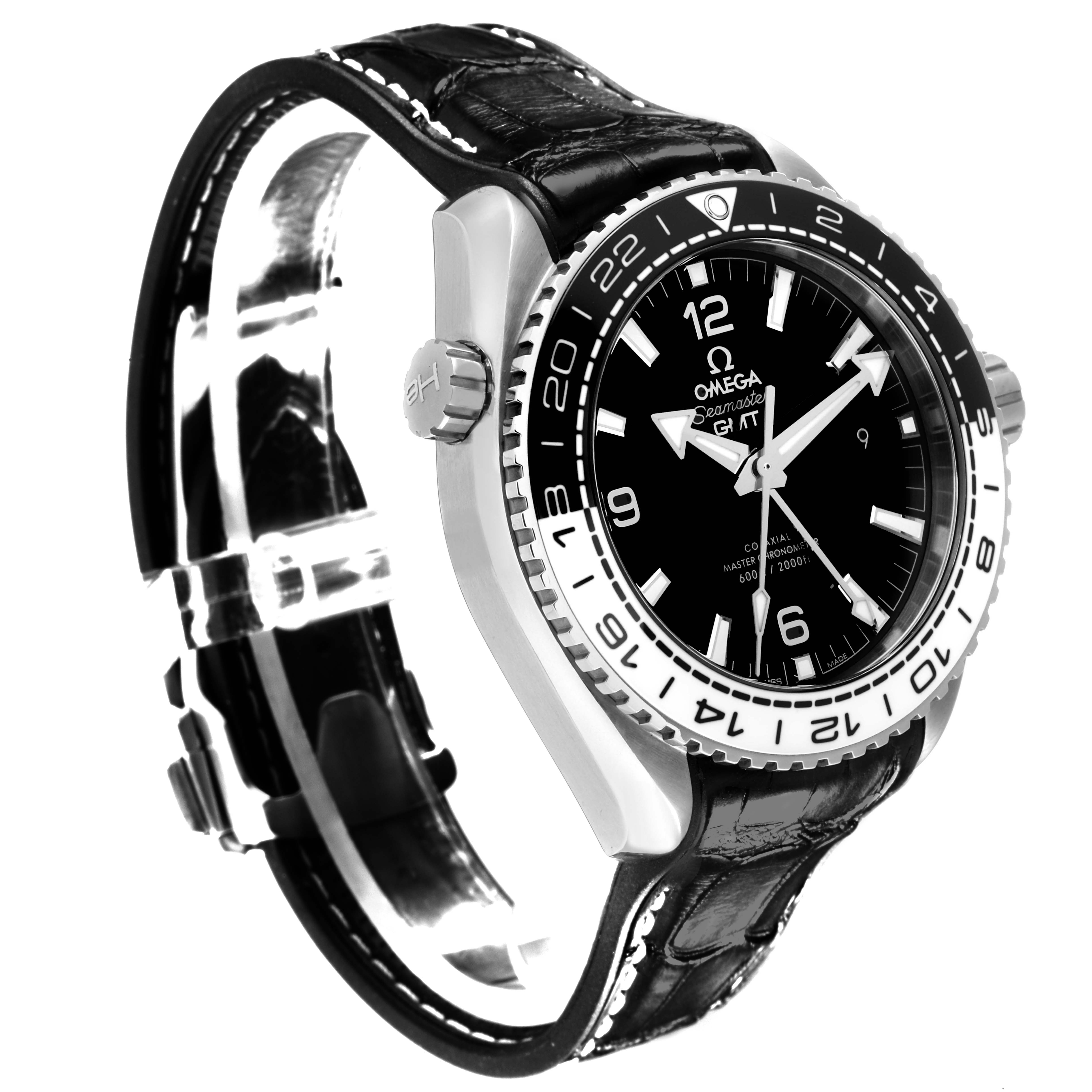 The Omega Planet Ocean 215.33.44.22.01.001 Men
s Stainless Steel Black Dial 215.33.44.22.01.001 Men
s Stainless Steel Black Dial watch is shown at a three-quarter angle, highlighting the dial, bezel, case, and leather strap.