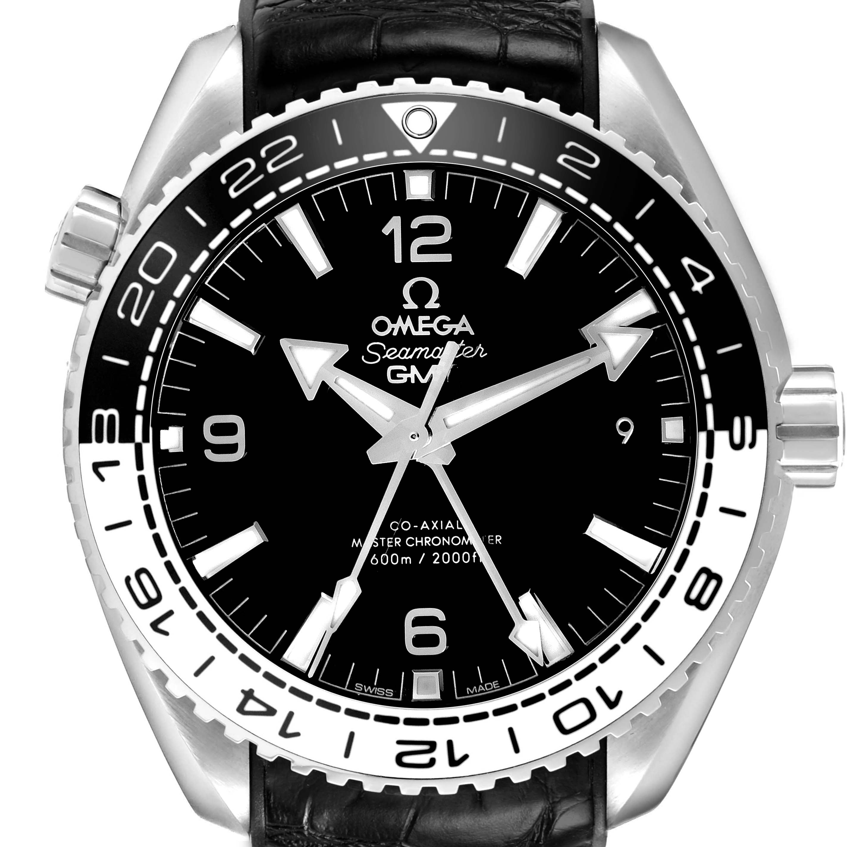 The Omega Planet Ocean 215.33.44.22.01.001 Men
s Stainless Steel Black Dial 215.33.44.22.01.001 Men
s Stainless Steel Black Dial watch is shown from a front angle, highlighting the dial, bezel, and crown.