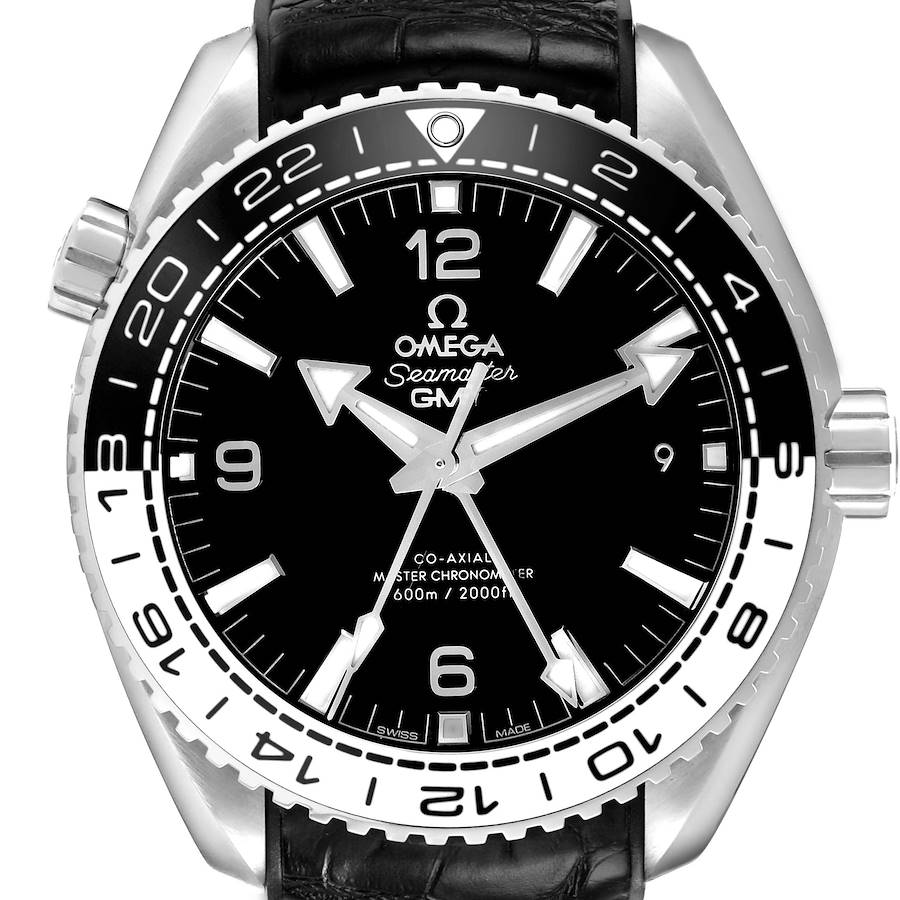 The Omega Planet Ocean watch is shown from a front angle, highlighting the dial, bezel, and crown.