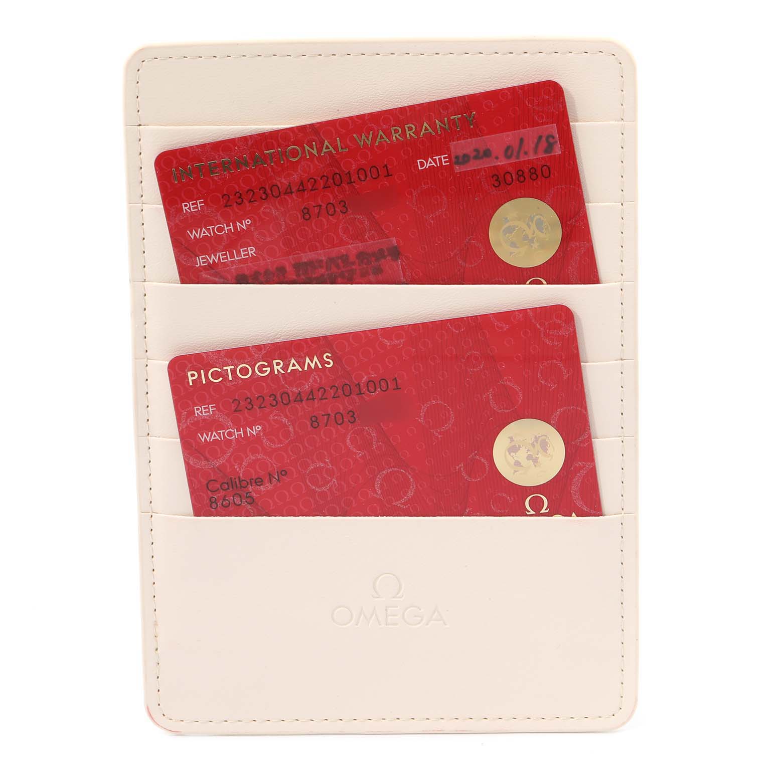 The image shows the warranty and pictogram cards for the Omega Planet Ocean 232.30.44.22.01.001 Men
s Stainless Steel Black Dial 232.30.44.22.01.001 Men
s Stainless Steel Black Dial watch inside a white Omega cardholder.