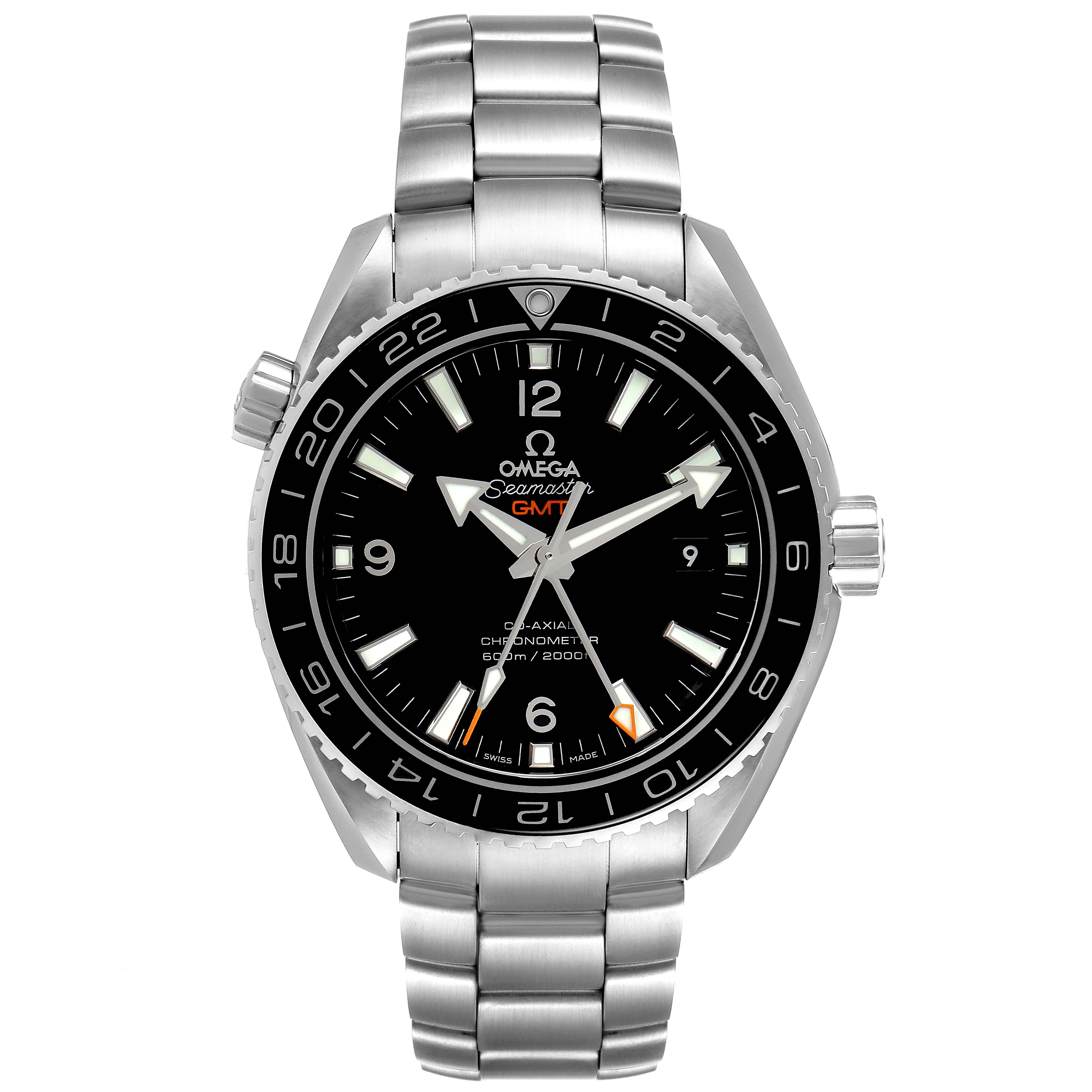 This image shows a front view of the Omega Planet Ocean 232.30.44.22.01.001 Men
s Stainless Steel Black Dial 232.30.44.22.01.001 Men
s Stainless Steel Black Dial watch, featuring its dial, bezel, crown, and stainless steel bracelet.