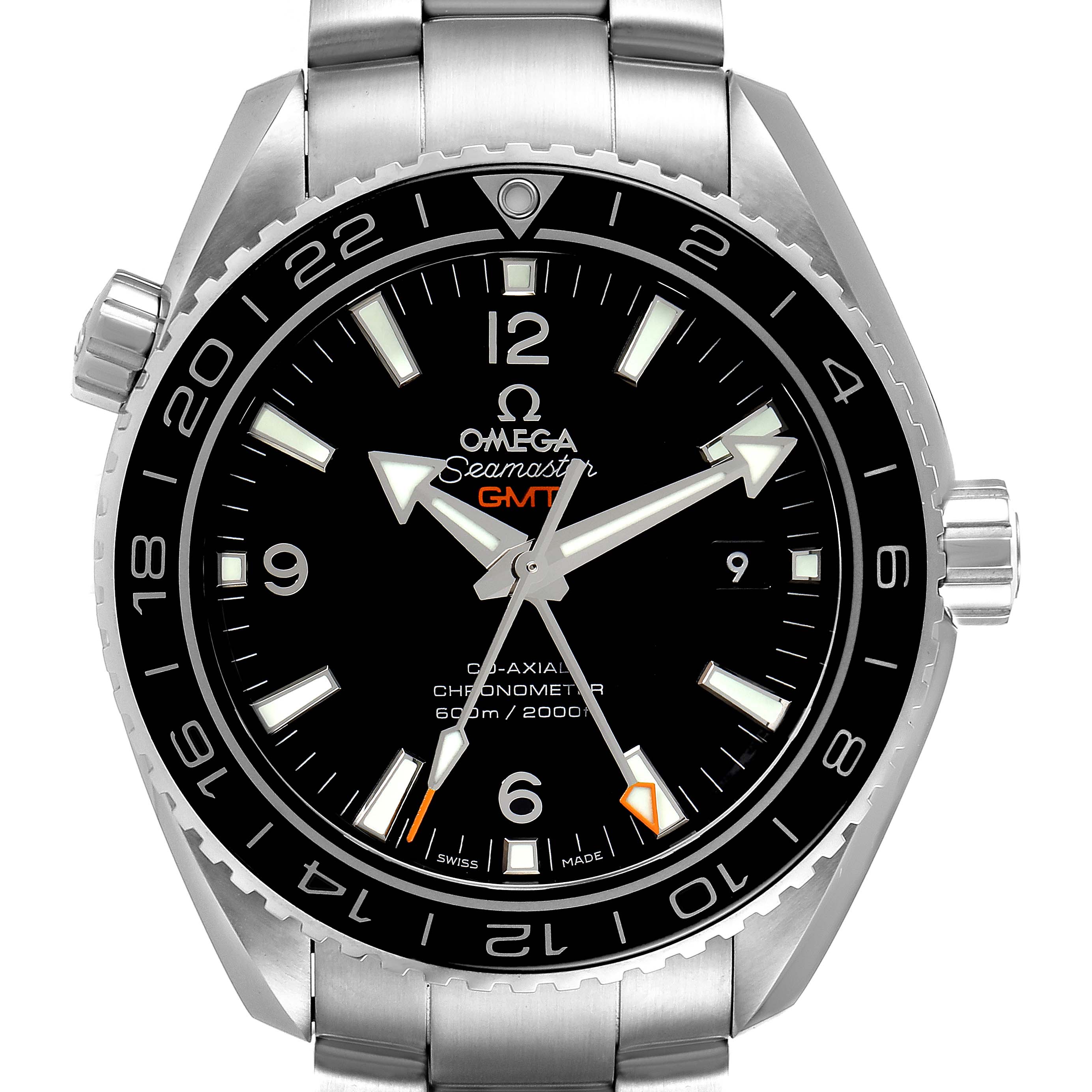 This image shows the face, bezel, and part of the bracelet of the Omega Planet Ocean 232.30.44.22.01.001 Men
s Stainless Steel Black Dial 232.30.44.22.01.001 Men
s Stainless Steel Black Dial GMT watch from a front angle.