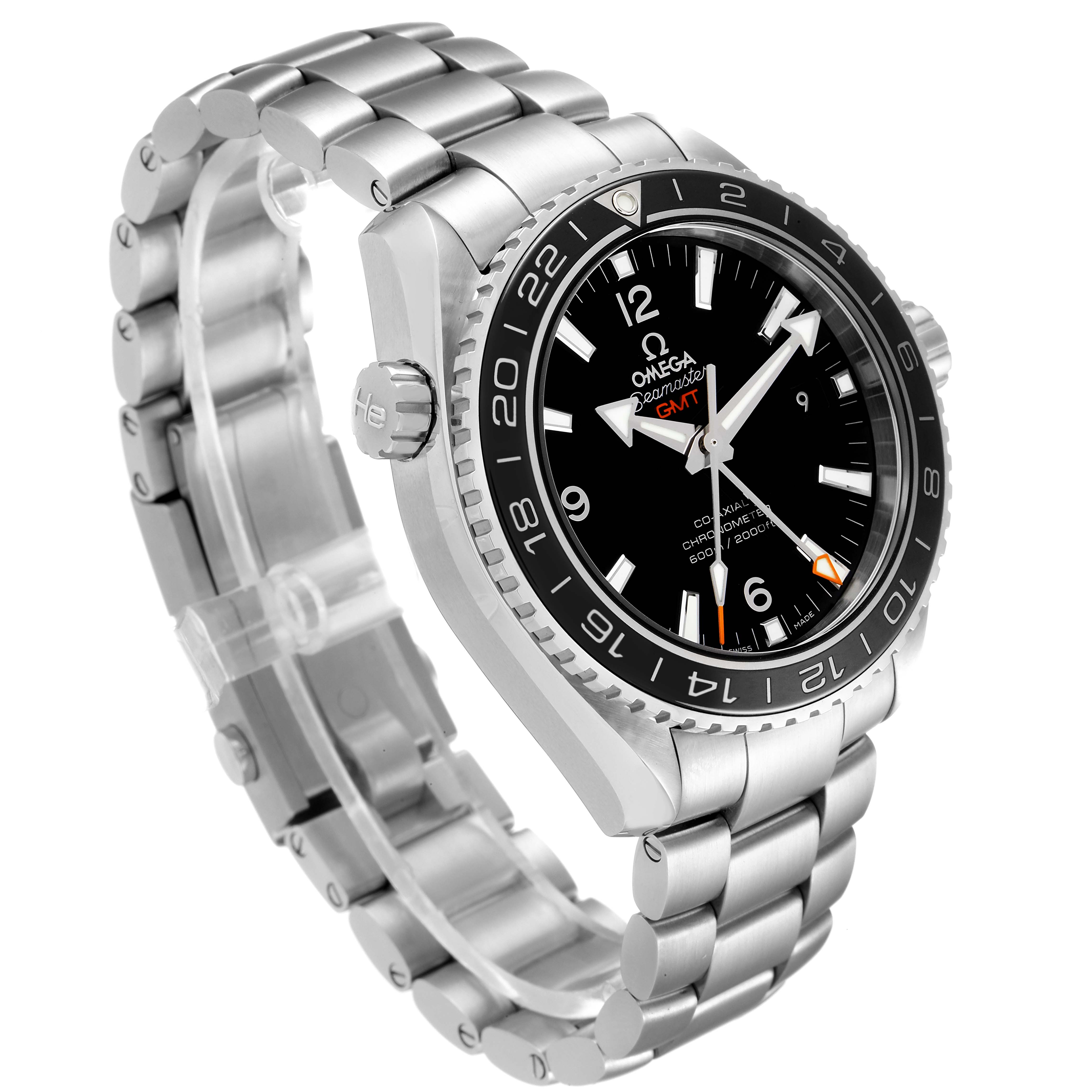 The image shows the Omega Planet Ocean 232.30.44.22.01.001 Men
s Stainless Steel Black Dial 232.30.44.22.01.001 Men
s Stainless Steel Black Dial watch at a three-quarter angle highlighting the bracelet, bezel, crown, and dial.