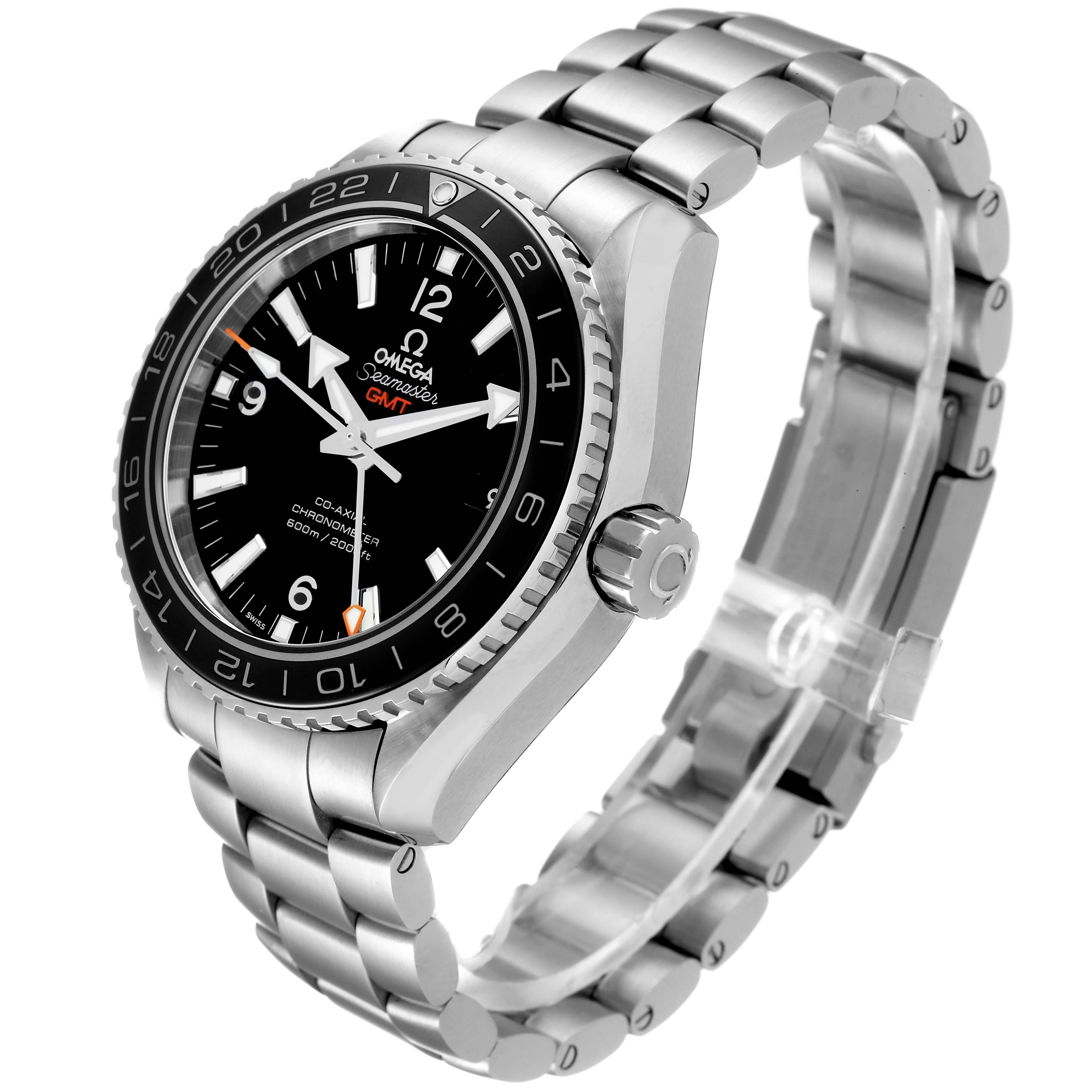 This image shows a side-angle view of the Omega Planet Ocean 232.30.44.22.01.001 Men
s Stainless Steel Black Dial 232.30.44.22.01.001 Men
s Stainless Steel Black Dial watch, highlighting its face, bezel, crown, and bracelet.