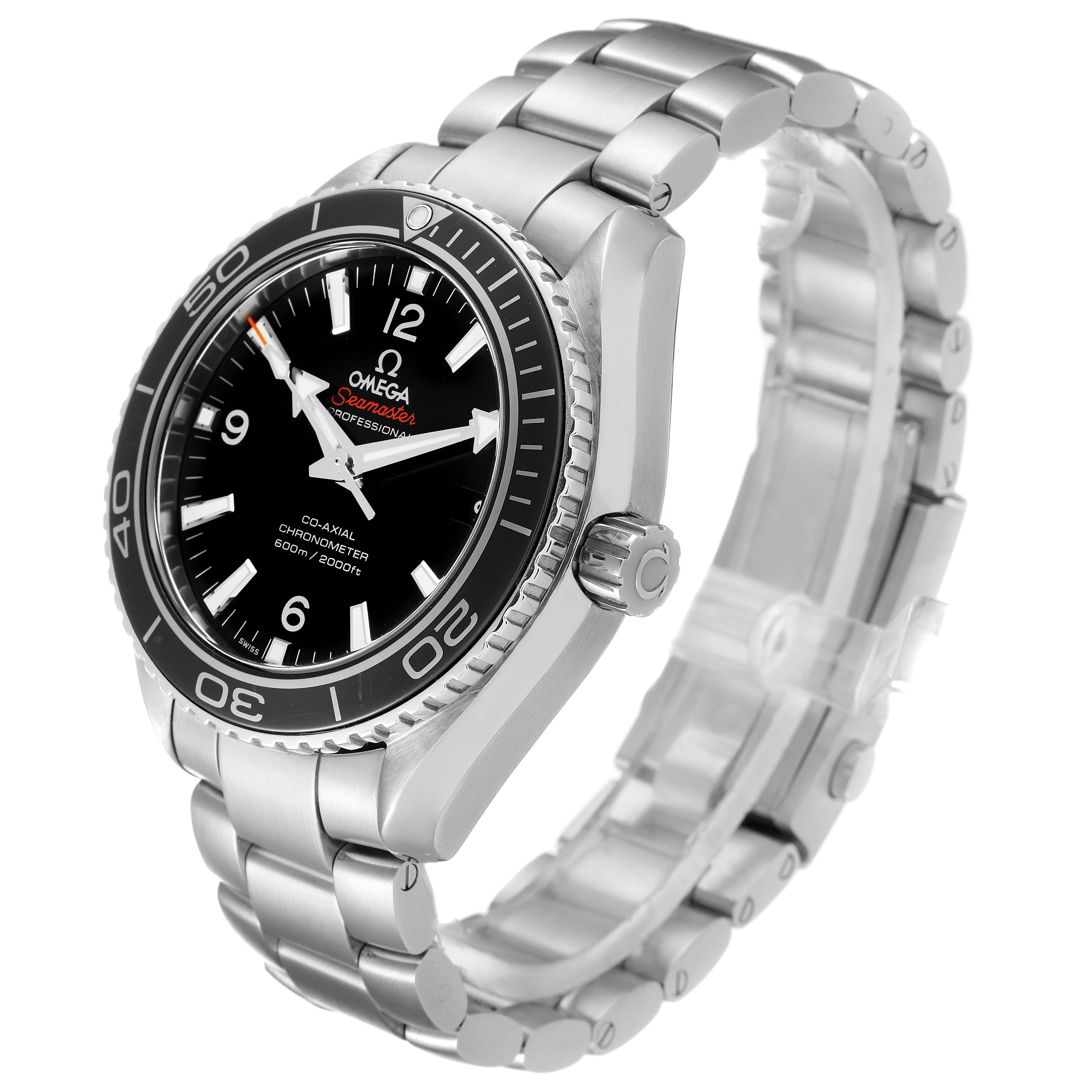 The Omega Planet Ocean 232.30.42.21.01.001 Men's Stainless Steel Black Dial 232.30.42.21.01.001 Men's Stainless Steel Black Dial watch is shown at a slight angle, displaying the face, bezel, crown, and part of the metal bracelet.