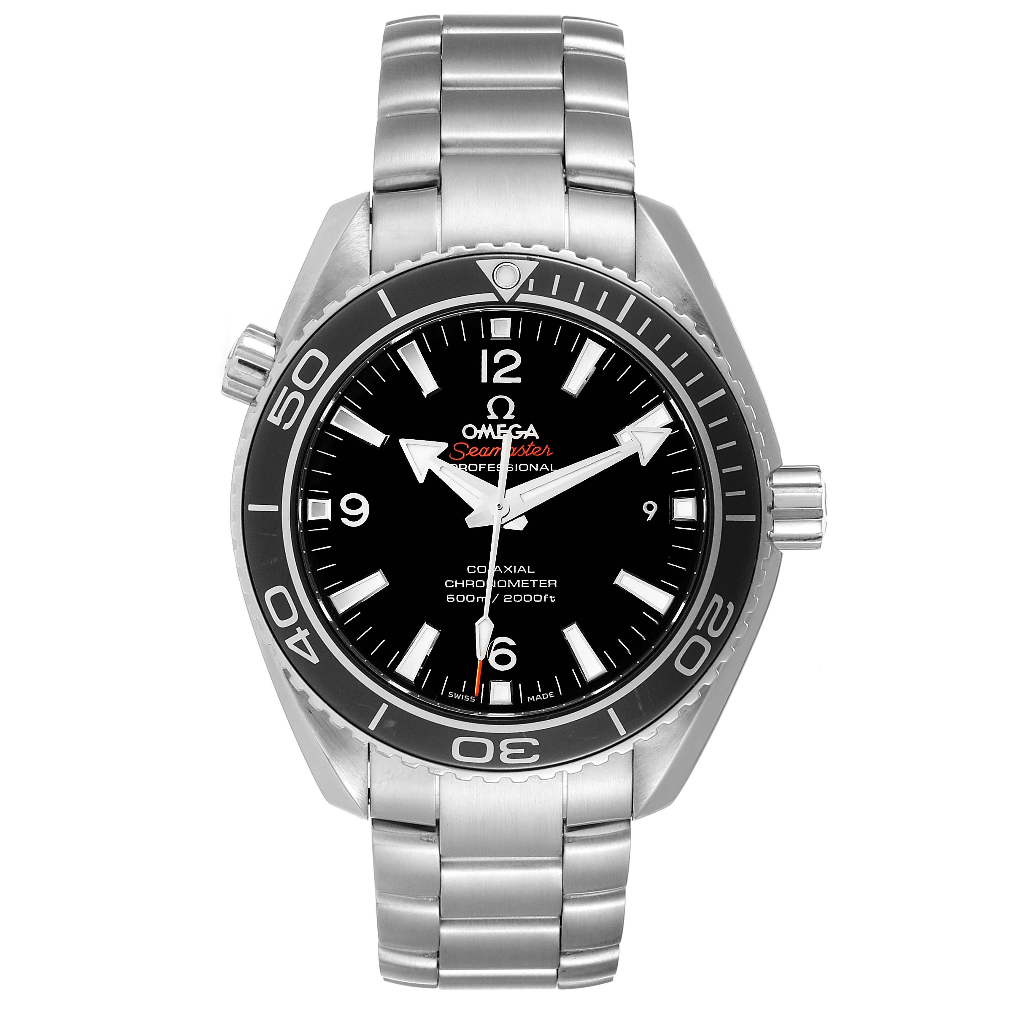 The Omega Planet Ocean 232.30.42.21.01.001 Men's Stainless Steel Black Dial 232.30.42.21.01.001 Men's Stainless Steel Black Dial watch is shown from a front angle, highlighting its dial, bezel, and bracelet.