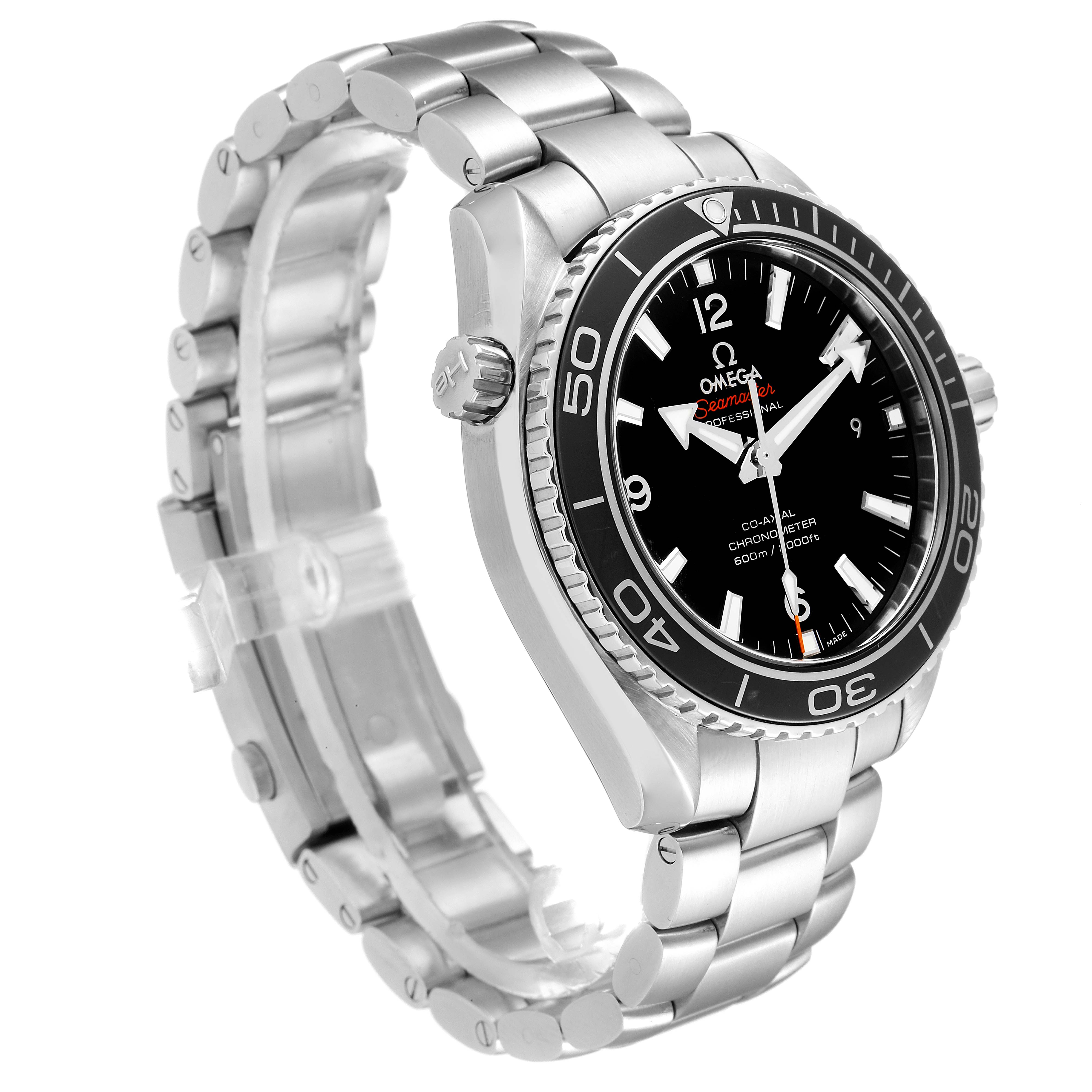 The image shows a side angle of an Omega Planet Ocean 232.30.42.21.01.001 Men's Stainless Steel Black Dial 232.30.42.21.01.001 Men's Stainless Steel Black Dial watch, highlighting its bracelet, bezel, and crown.