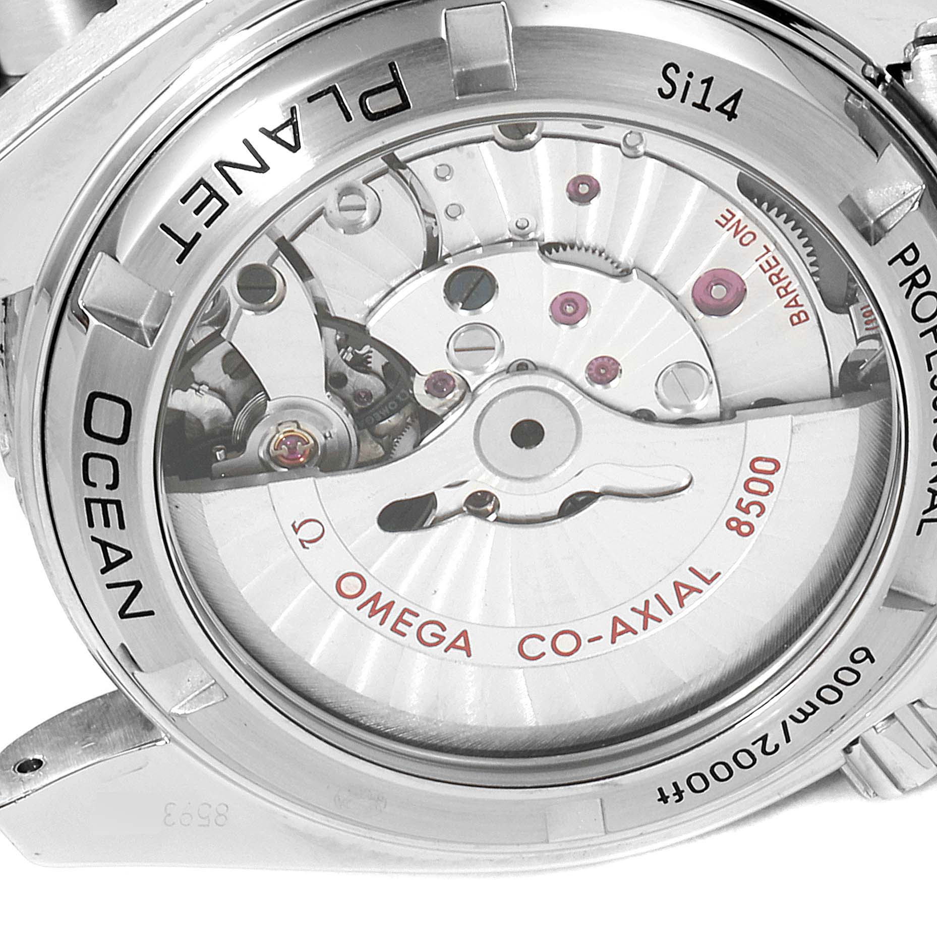 The image shows the back view of an Omega Planet Ocean 232.30.42.21.01.001 Men's Stainless Steel Black Dial 232.30.42.21.01.001 Men's Stainless Steel Black Dial watch, highlighting its exposed co-axial 8500 movement mechanism.