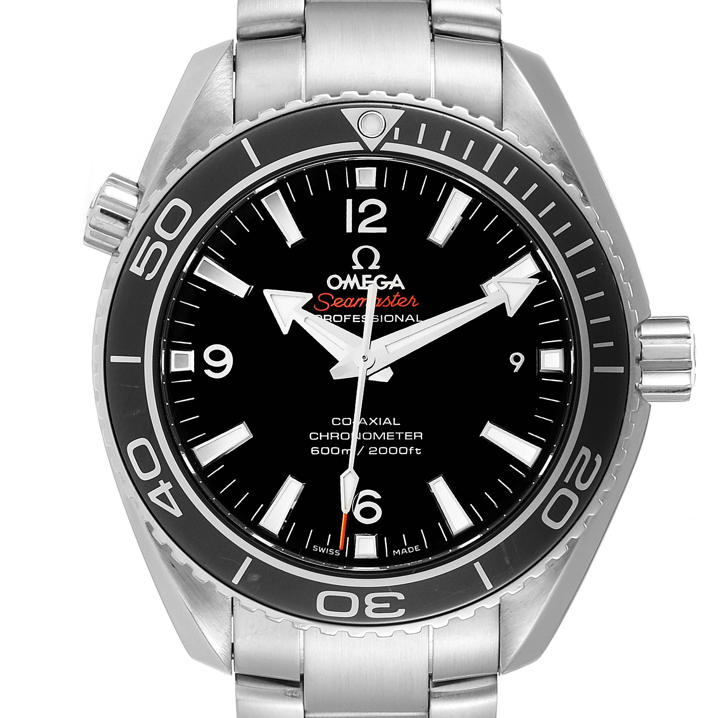 The image shows a front view of the Omega Planet Ocean 232.30.42.21.01.001 Men's Stainless Steel Black Dial 232.30.42.21.01.001 Men's Stainless Steel Black Dial Seamaster Professional watch, highlighting its face, bezel, and stainless steel bracelet.