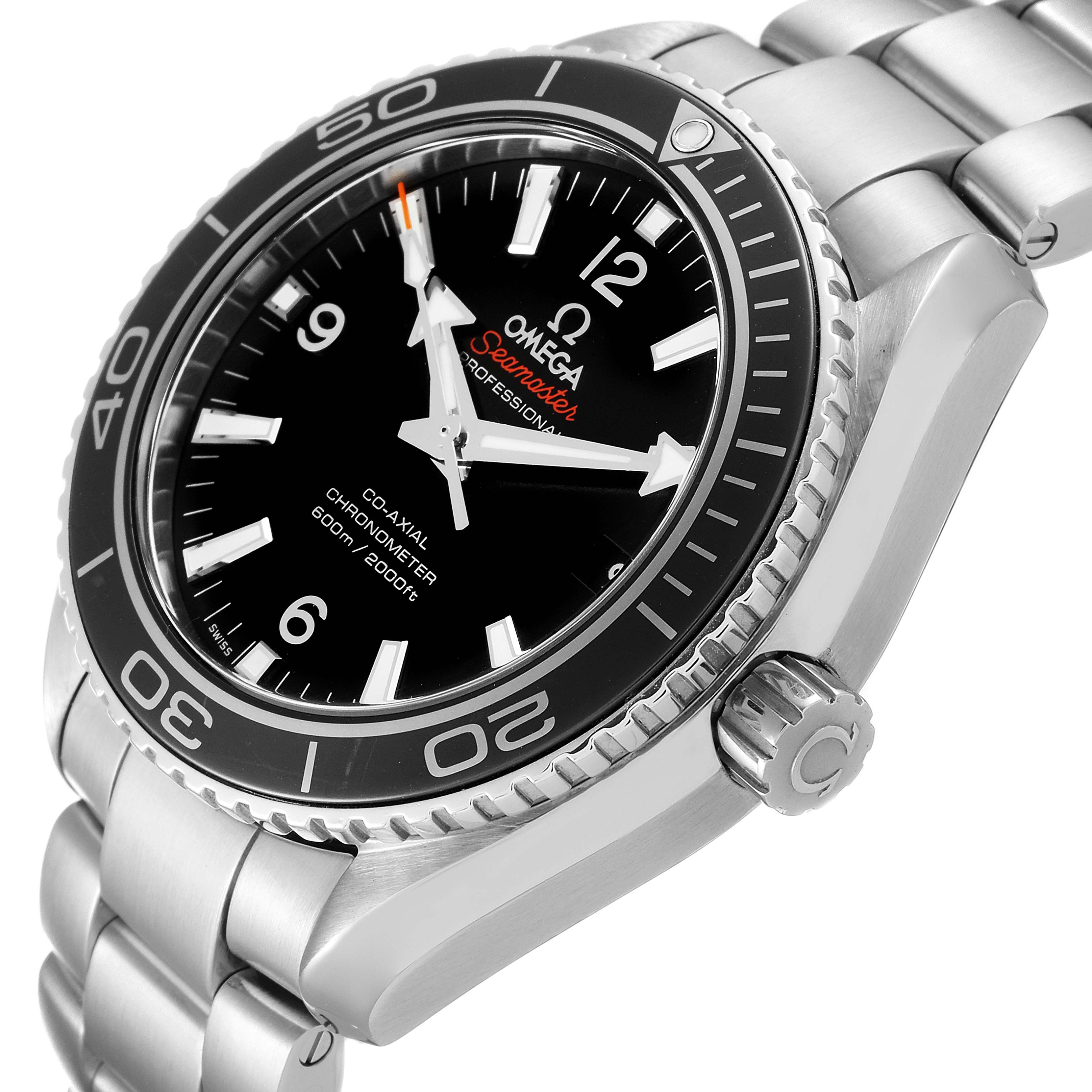 The image shows an angled view of the Omega Planet Ocean 232.30.42.21.01.001 Men's Stainless Steel Black Dial 232.30.42.21.01.001 Men's Stainless Steel Black Dial watch, highlighting the face, bezel, crown, and part of the bracelet.