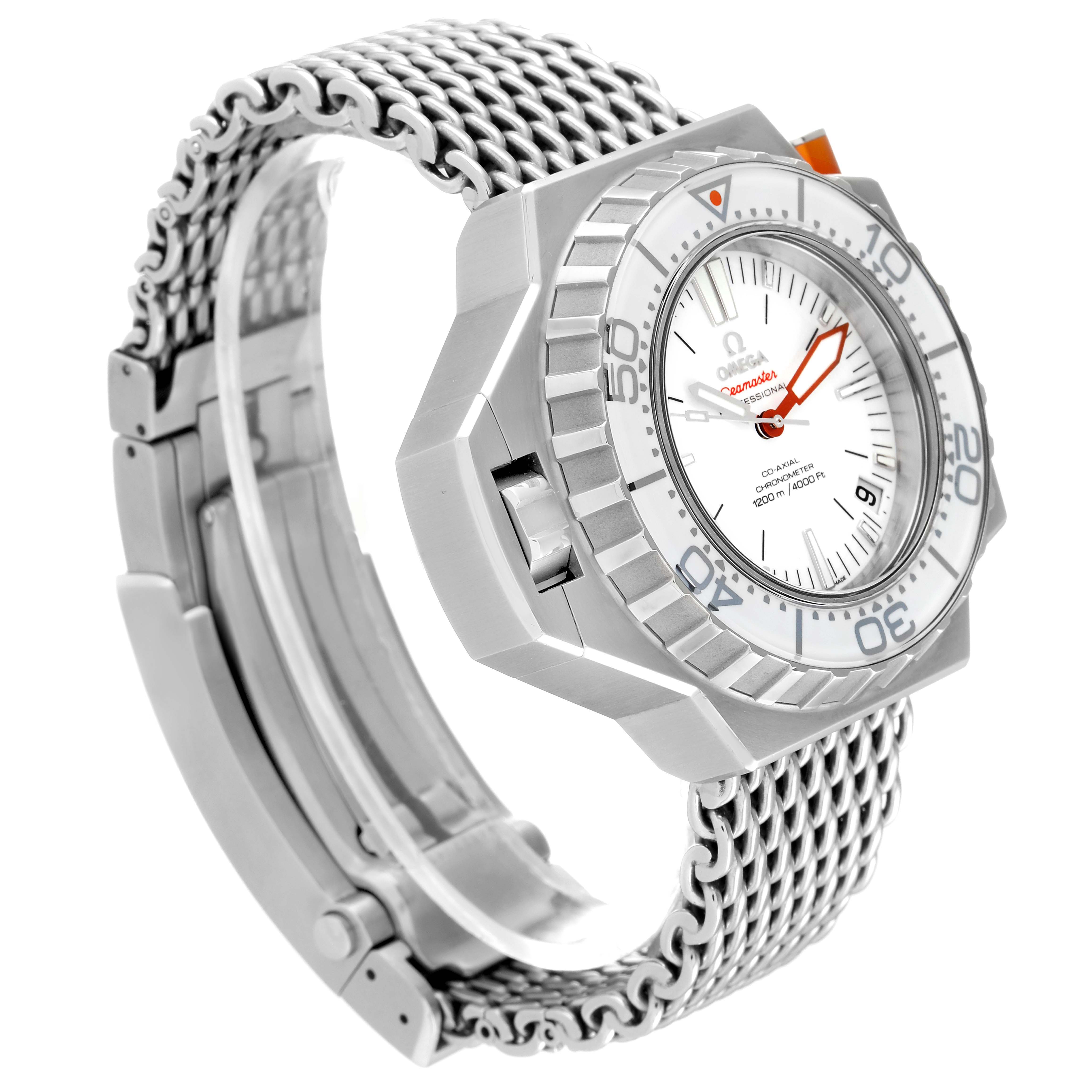 The Omega Seamaster 224.30.55.21.04.001 Men
s Stainless Steel White Dial 224.30.55.21.04.001 Men
s Stainless Steel White Dial is shown at an angle highlighting the bezel, face, and metal bracelet.