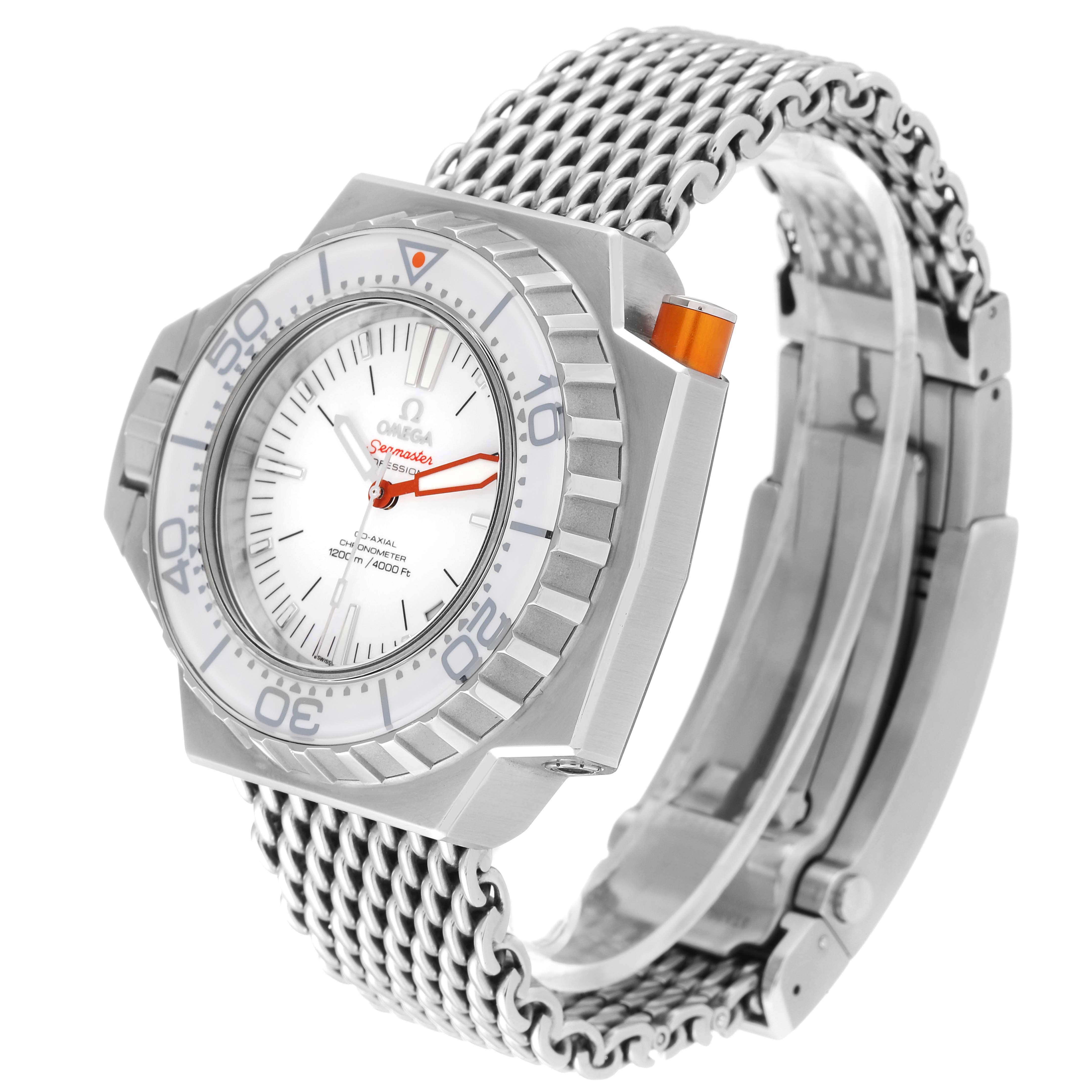 The Omega Seamaster 224.30.55.21.04.001 Men
s Stainless Steel White Dial 224.30.55.21.04.001 Men
s Stainless Steel White Dial watch is shown at a three-quarter angle, highlighting the face, bezel, and metal mesh bracelet.