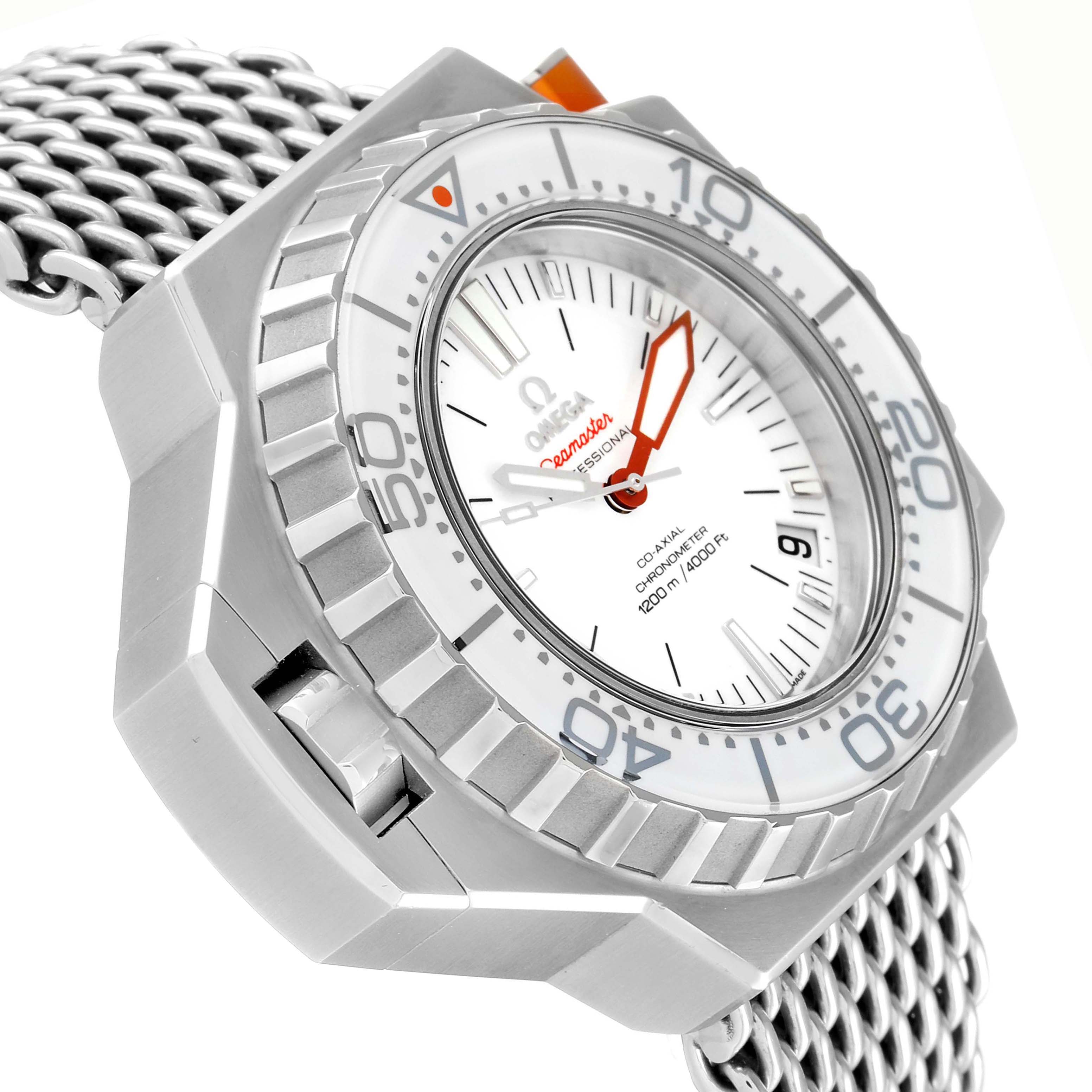 The Omega Seamaster 224.30.55.21.04.001 Men
s Stainless Steel White Dial 224.30.55.21.04.001 Men
s Stainless Steel White Dial is shown at an angle highlighting the dial, bezel, and mesh bracelet.