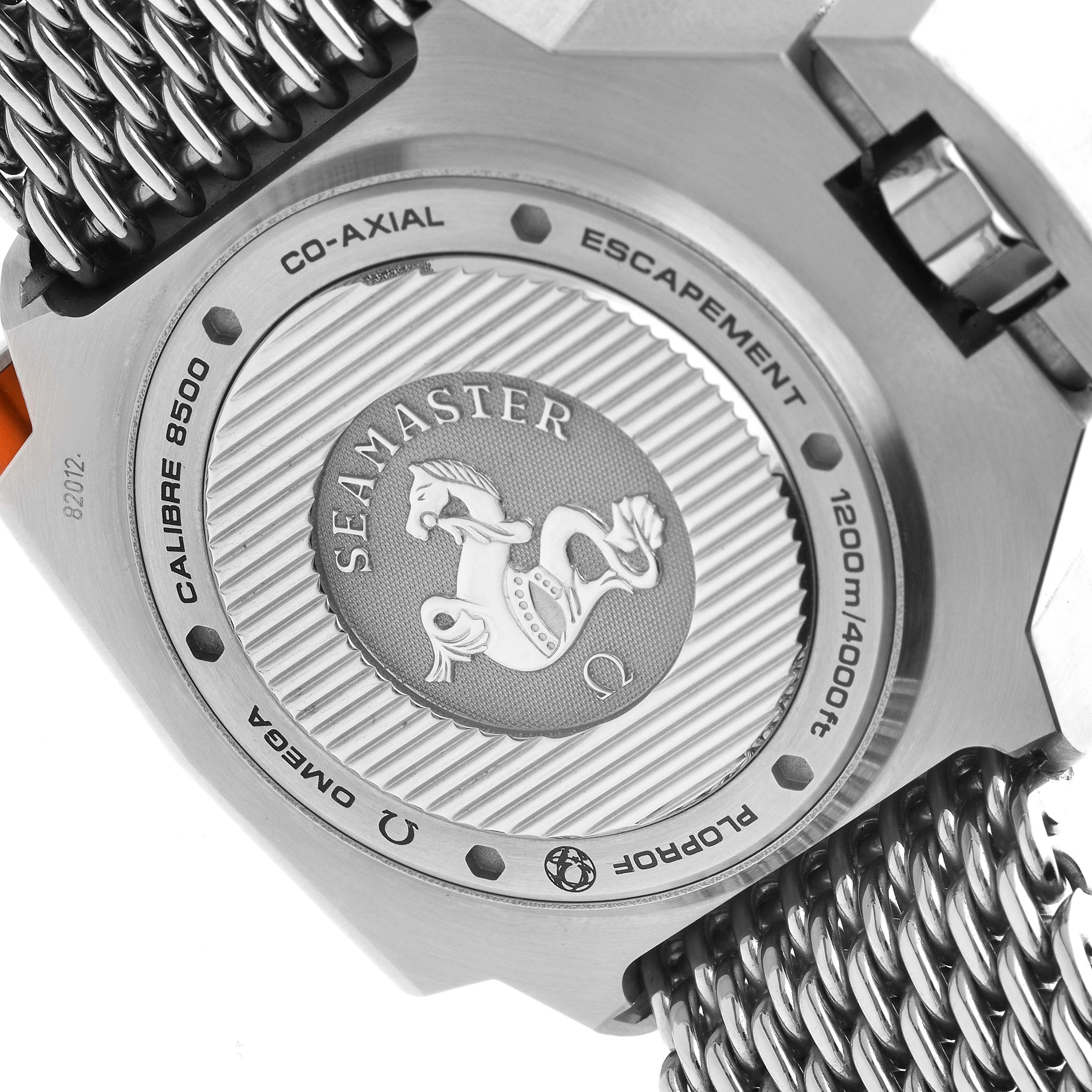 The image shows the back of an Omega Seamaster 224.30.55.21.04.001 Men
s Stainless Steel White Dial 224.30.55.21.04.001 Men
s Stainless Steel White Dial, highlighting the bracelet and case back details like the seahorse engraving and specifications.