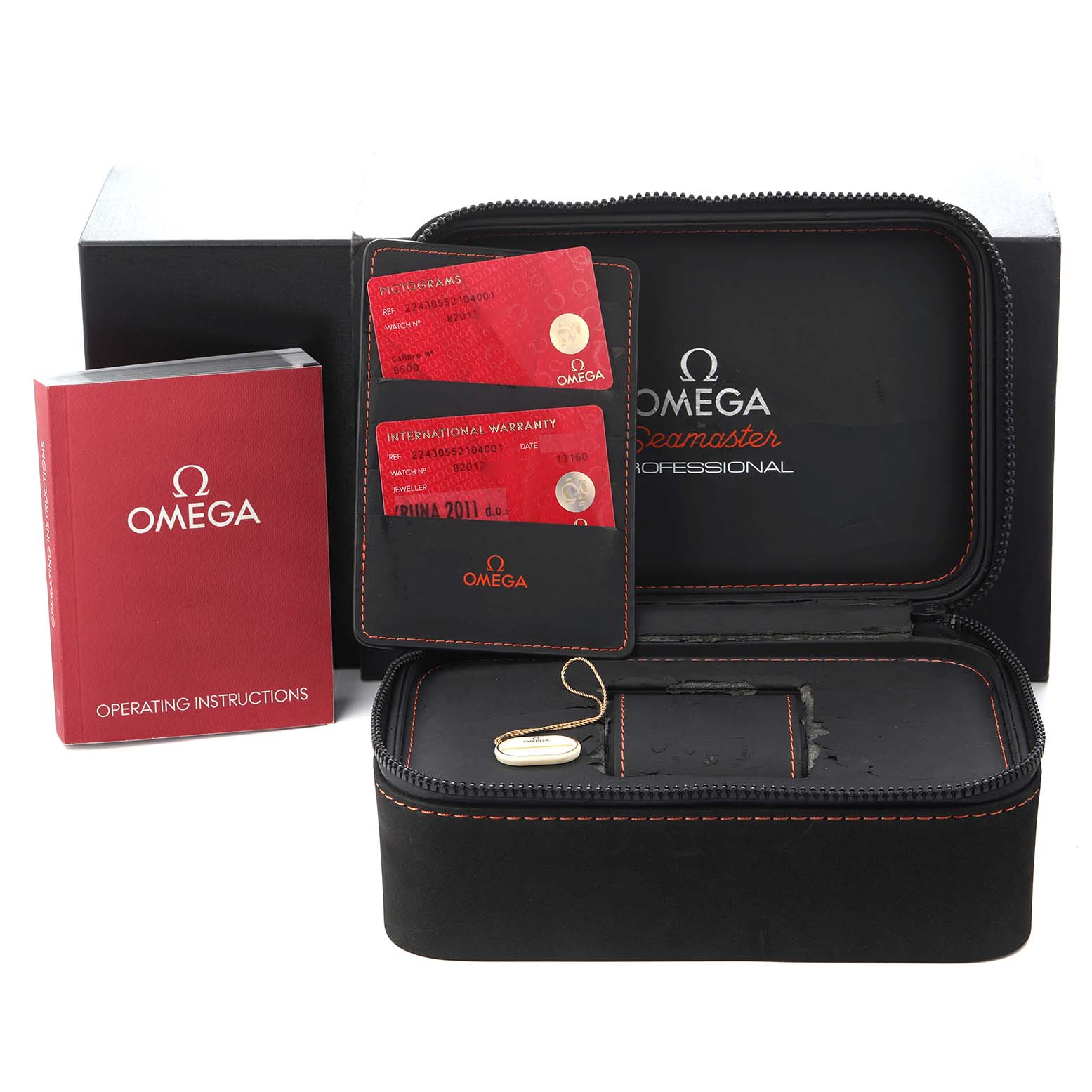 The image shows Omega Seamaster 224.30.55.21.04.001 Men
s Stainless Steel White Dial 224.30.55.21.04.001 Men
s Stainless Steel White Dial packaging, a case, warranty cards, and an operating manual.