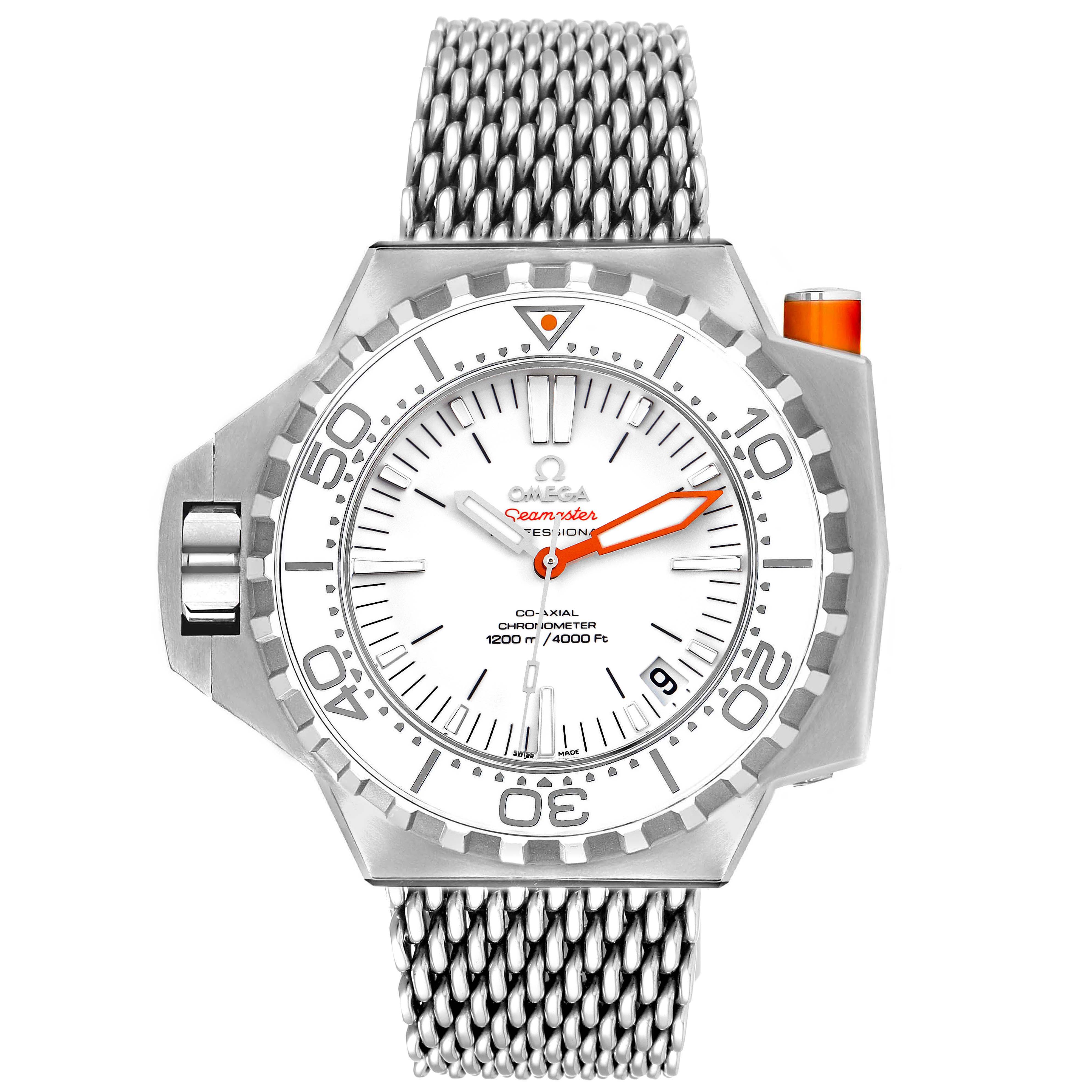 The image shows a front view of the Omega Seamaster 224.30.55.21.04.001 Men
s Stainless Steel White Dial 224.30.55.21.04.001 Men
s Stainless Steel White Dial model, highlighting the dial, bezel, and mesh bracelet.