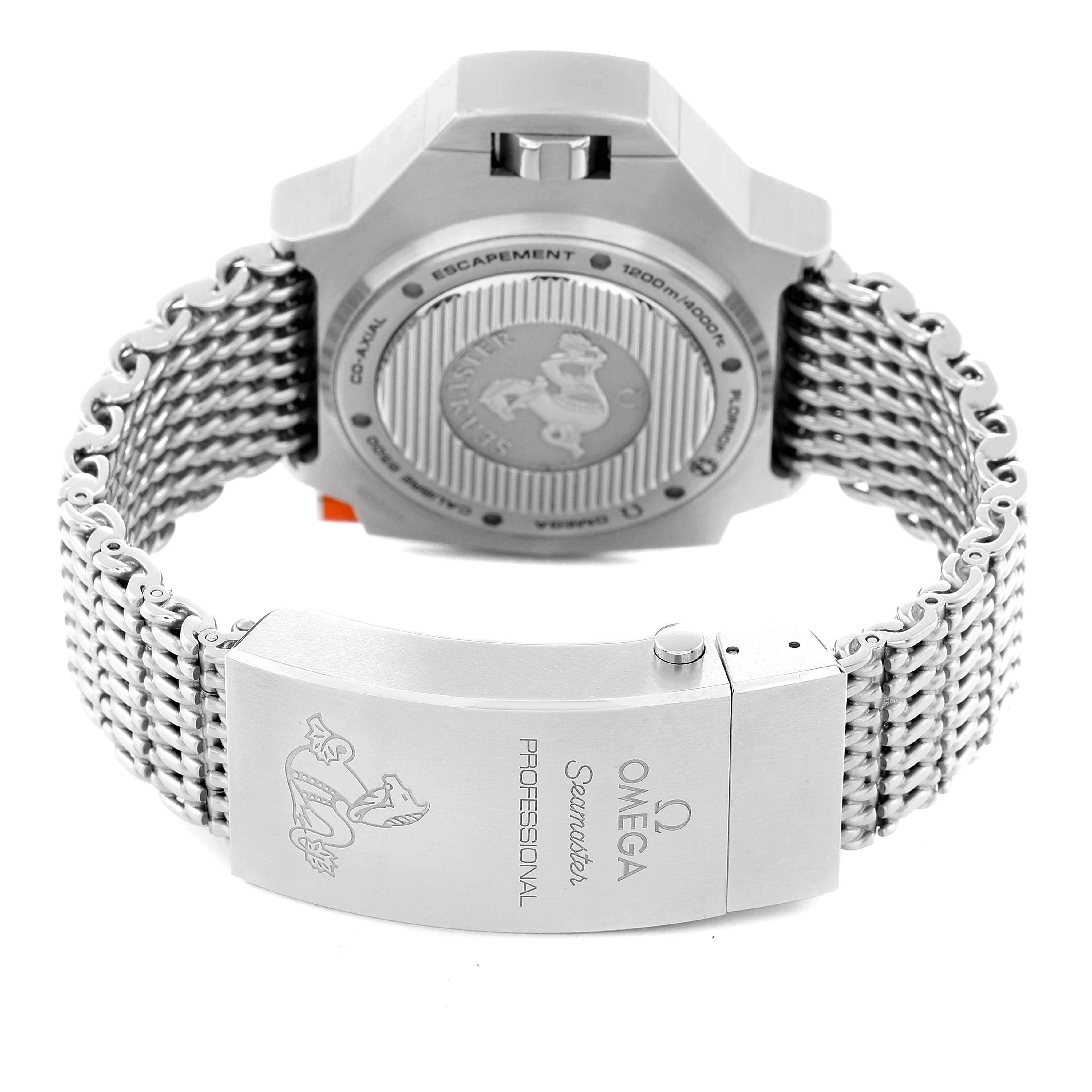 The image shows the back and clasp of the Omega Seamaster 224.30.55.21.04.001 Men
s Stainless Steel White Dial 224.30.55.21.04.001 Men
s Stainless Steel White Dial, highlighting the case back engravings and the bracelet design.