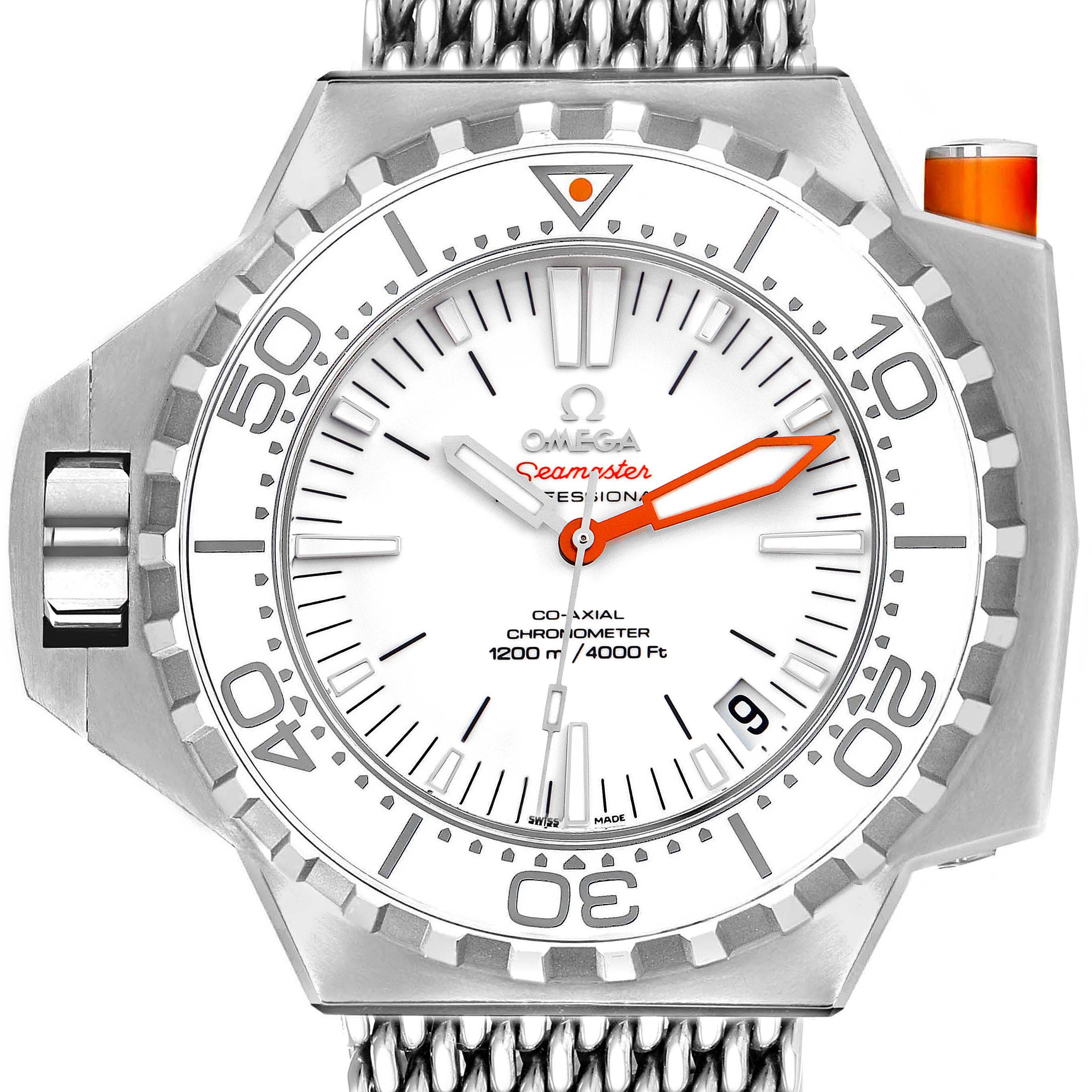 The Omega Seamaster 224.30.55.21.04.001 Men
s Stainless Steel White Dial 224.30.55.21.04.001 Men
s Stainless Steel White Dial watch is shown from the front, displaying the dial, bezel, and part of the metal bracelet.