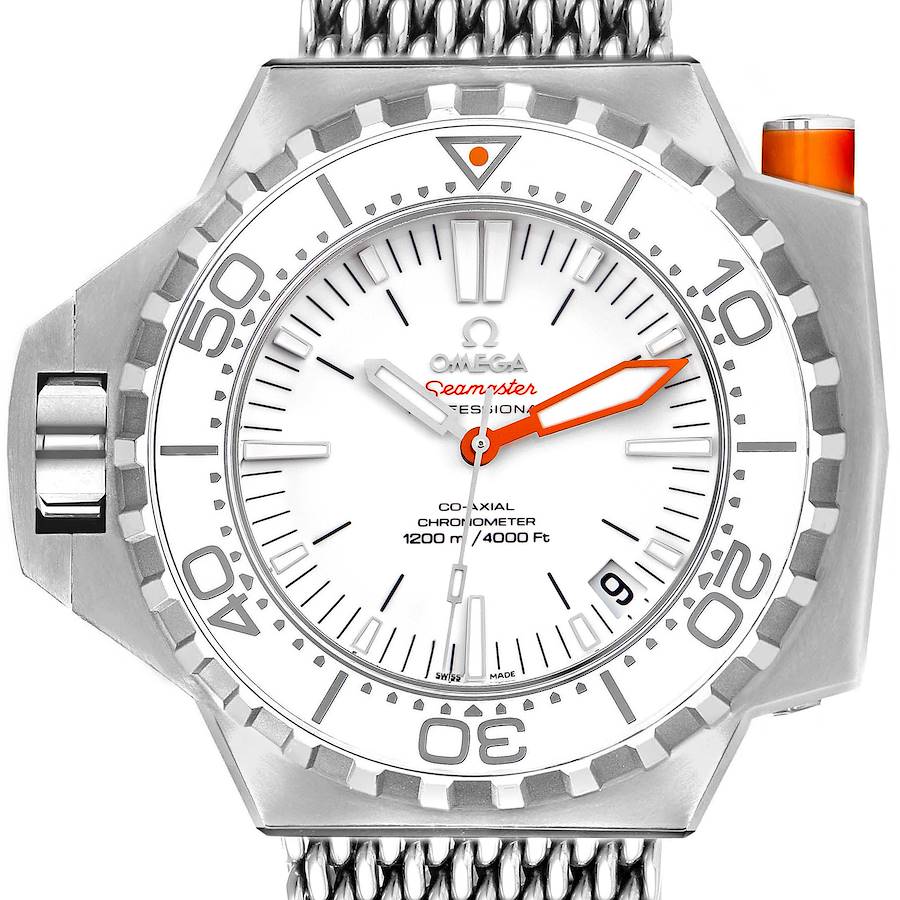 The Omega Seamaster watch is shown from the front, displaying the dial, bezel, and part of the metal bracelet.