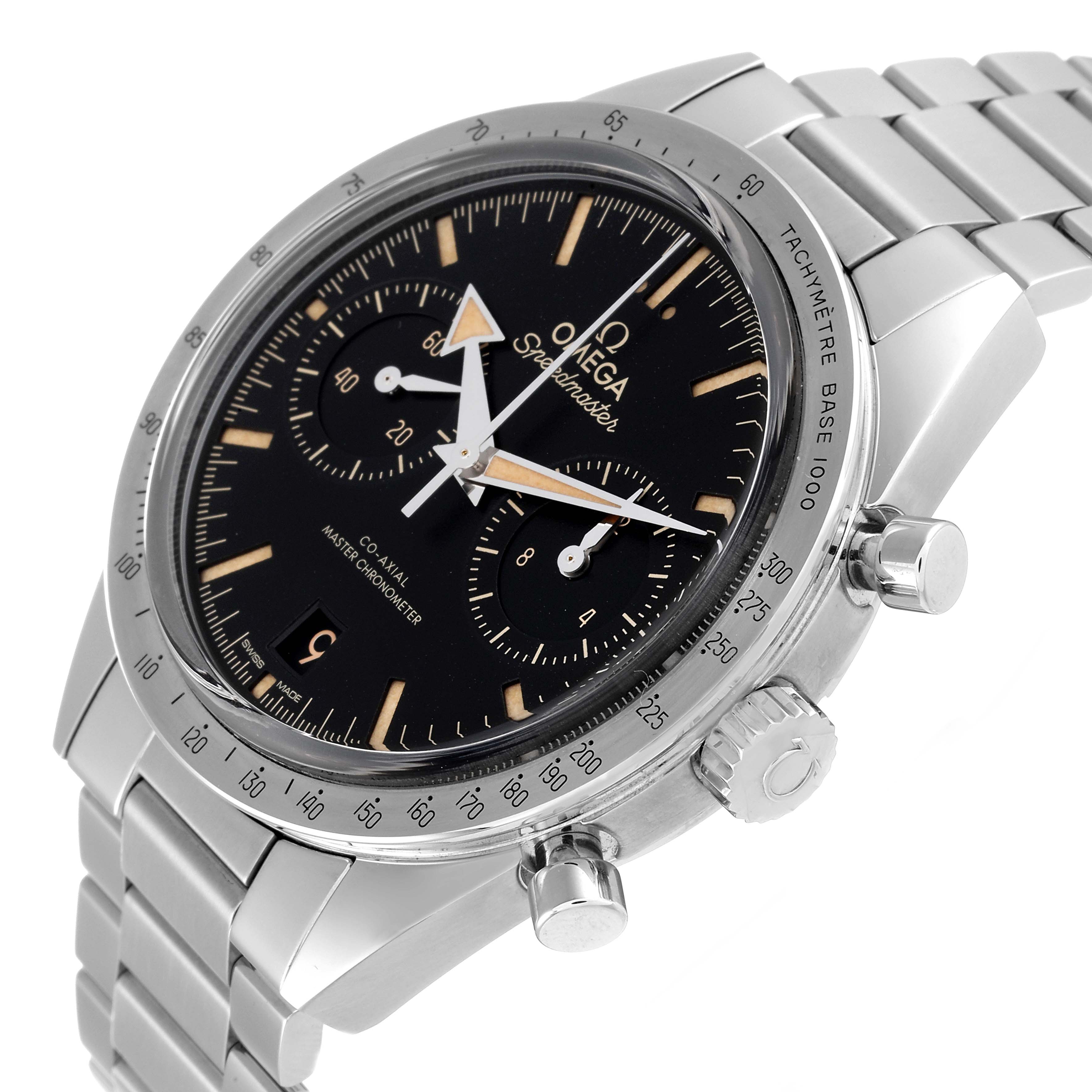 The image shows an angled view of an Omega Speedmaster 332.10.41.51.01.001 Men
s Stainless Steel Black Dial 332.10.41.51.01.001 Men
s Stainless Steel Black Dial watch, highlighting the dial, bezel, buttons, and stainless steel bracelet.