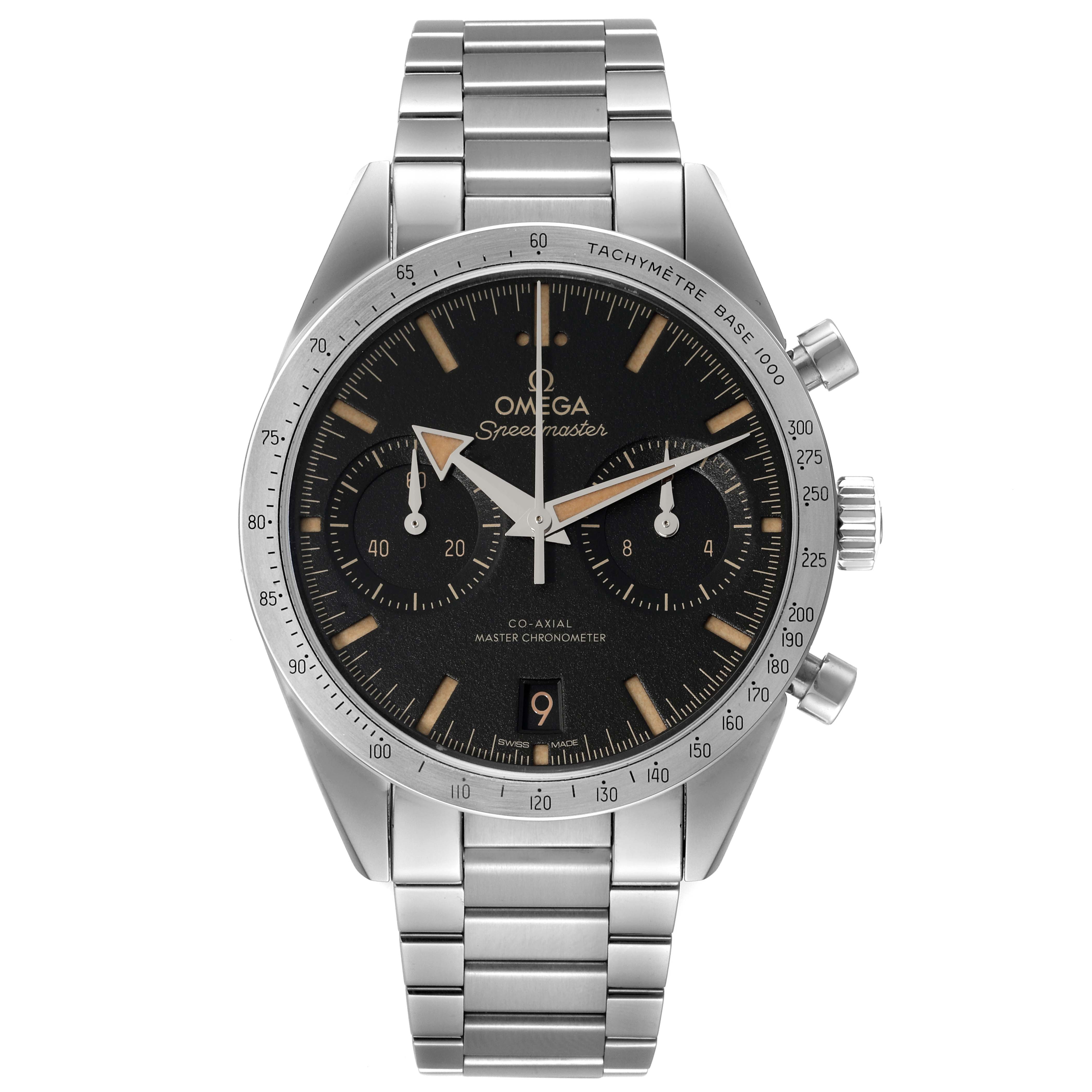 The Omega Speedmaster 332.10.41.51.01.001 Men
s Stainless Steel Black Dial 332.10.41.51.01.001 Men
s Stainless Steel Black Dial watch is shown from a front angle, displaying its face, bezel, chronograph subdials, and metal bracelet.