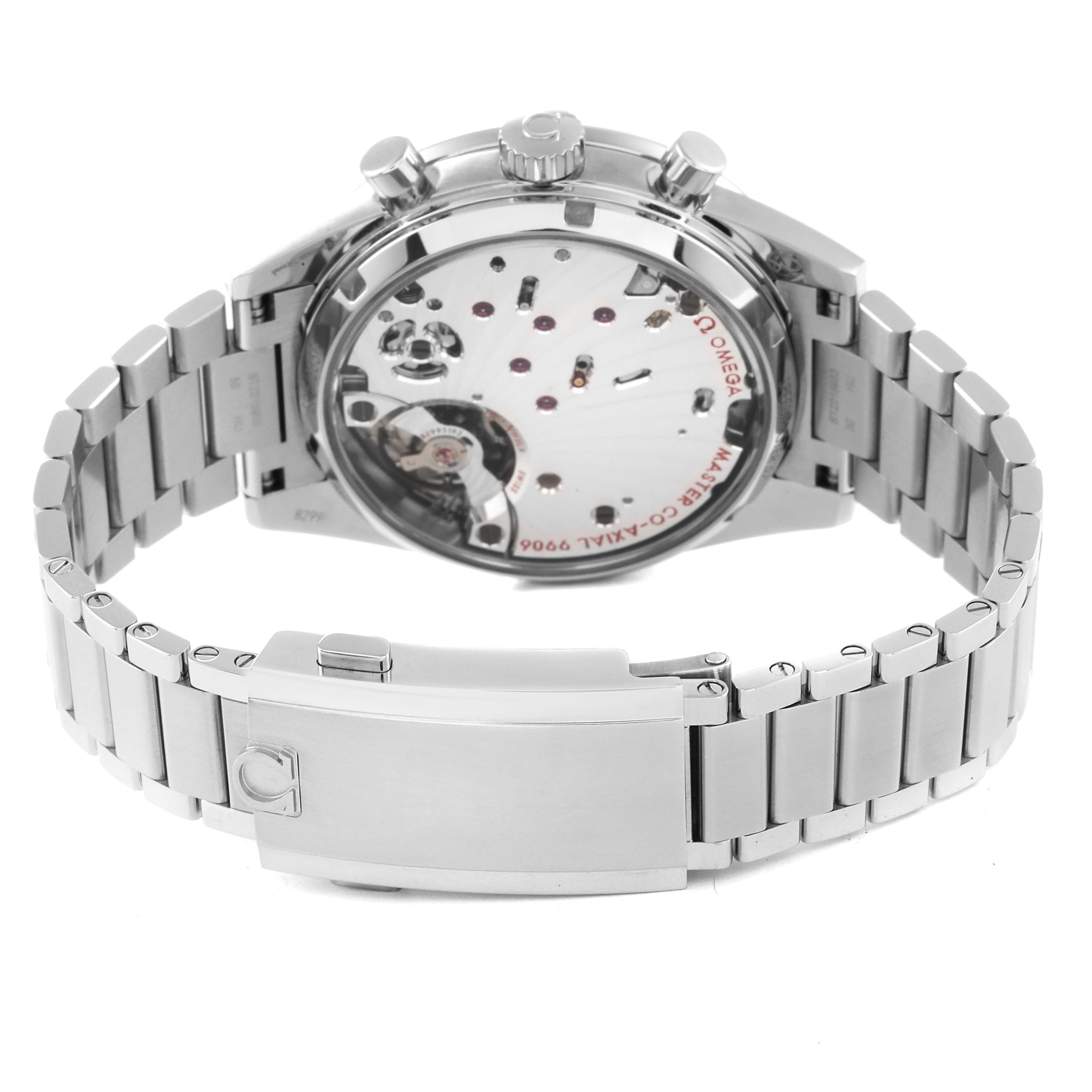 The image shows the case back and bracelet of the Omega Speedmaster 332.10.41.51.01.001 Men
s Stainless Steel Black Dial 332.10.41.51.01.001 Men
s Stainless Steel Black Dial watch from a rear angle, displaying its mechanical movement.