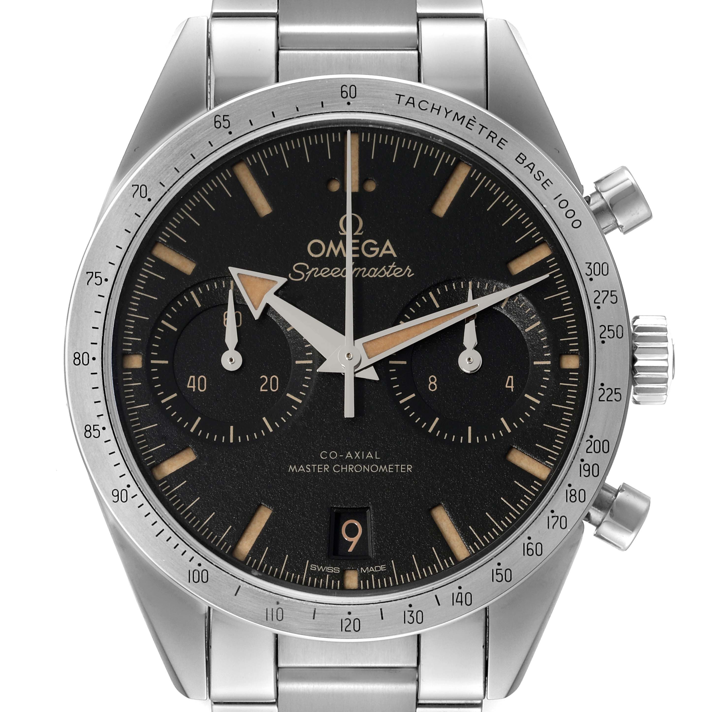 This image shows a front view of the Omega Speedmaster 332.10.41.51.01.001 Men
s Stainless Steel Black Dial 332.10.41.51.01.001 Men
s Stainless Steel Black Dial watch, featuring its dial, tachymeter bezel, and metal bracelet.