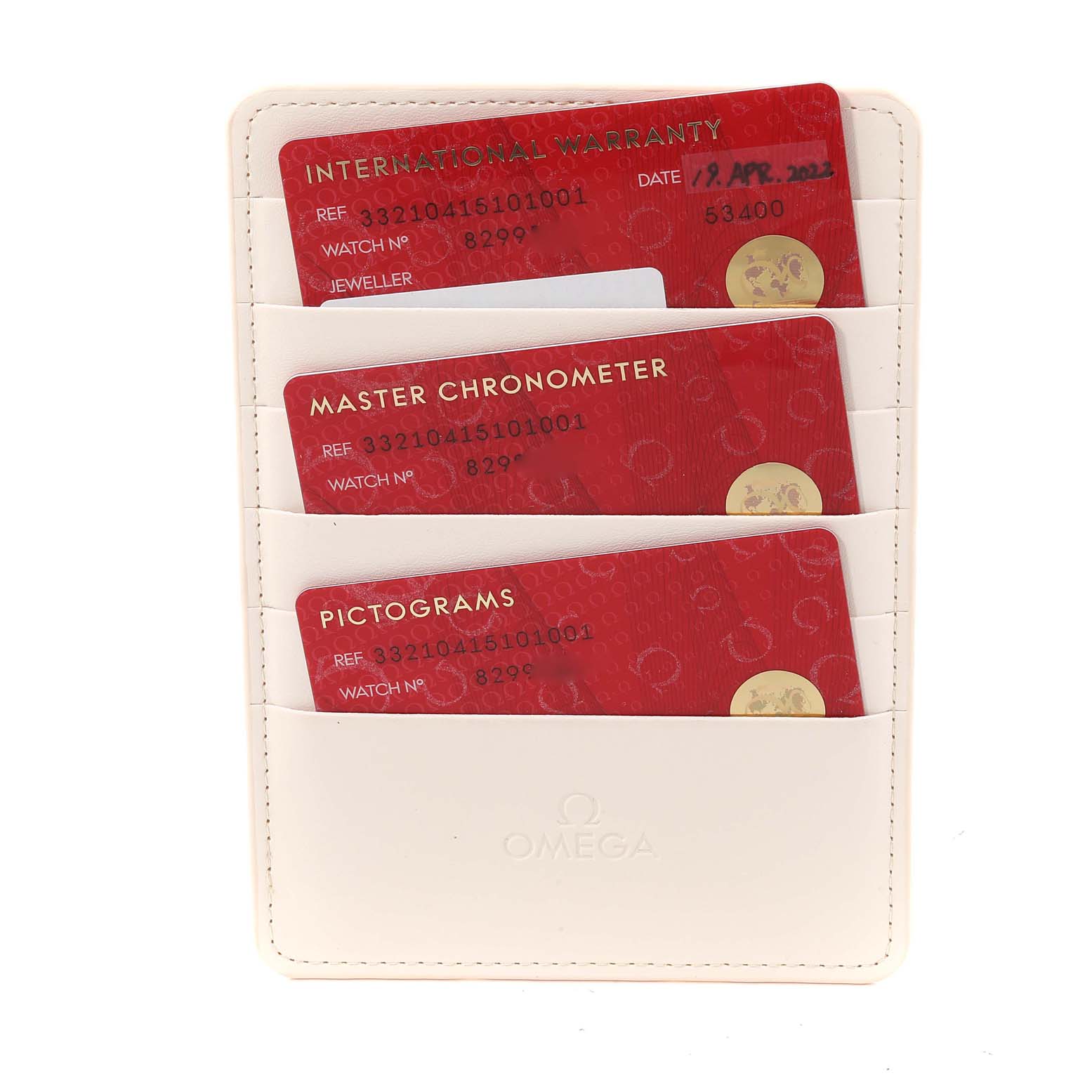 This image shows warranty and certification cards for the Omega Speedmaster 332.10.41.51.01.001 Men
s Stainless Steel Black Dial 332.10.41.51.01.001 Men
s Stainless Steel Black Dial model in a white Omega cardholder.