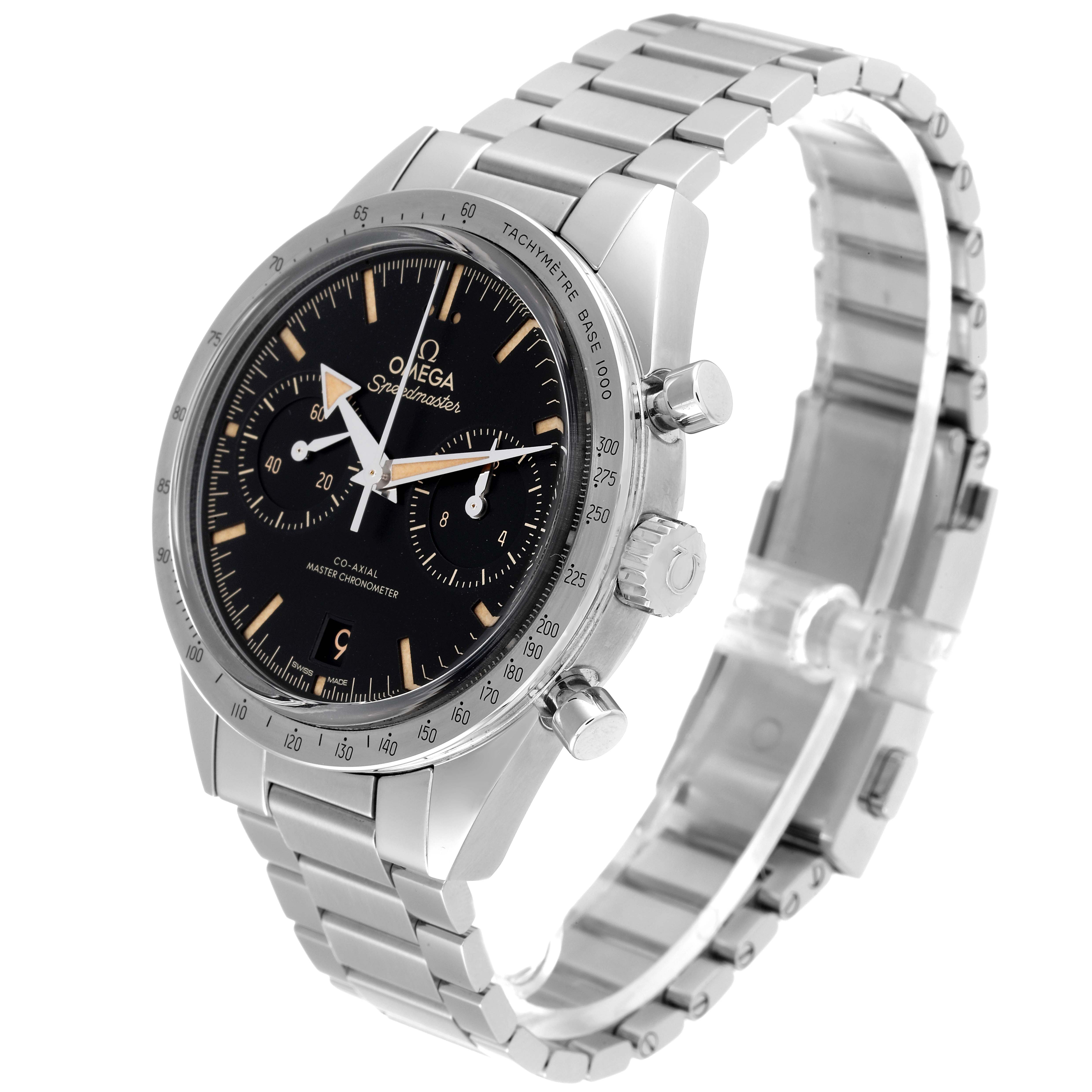 This image shows an angled view of the Omega Speedmaster 332.10.41.51.01.001 Men
s Stainless Steel Black Dial 332.10.41.51.01.001 Men
s Stainless Steel Black Dial watch focusing on the dial, bezel, pushers, and bracelet.