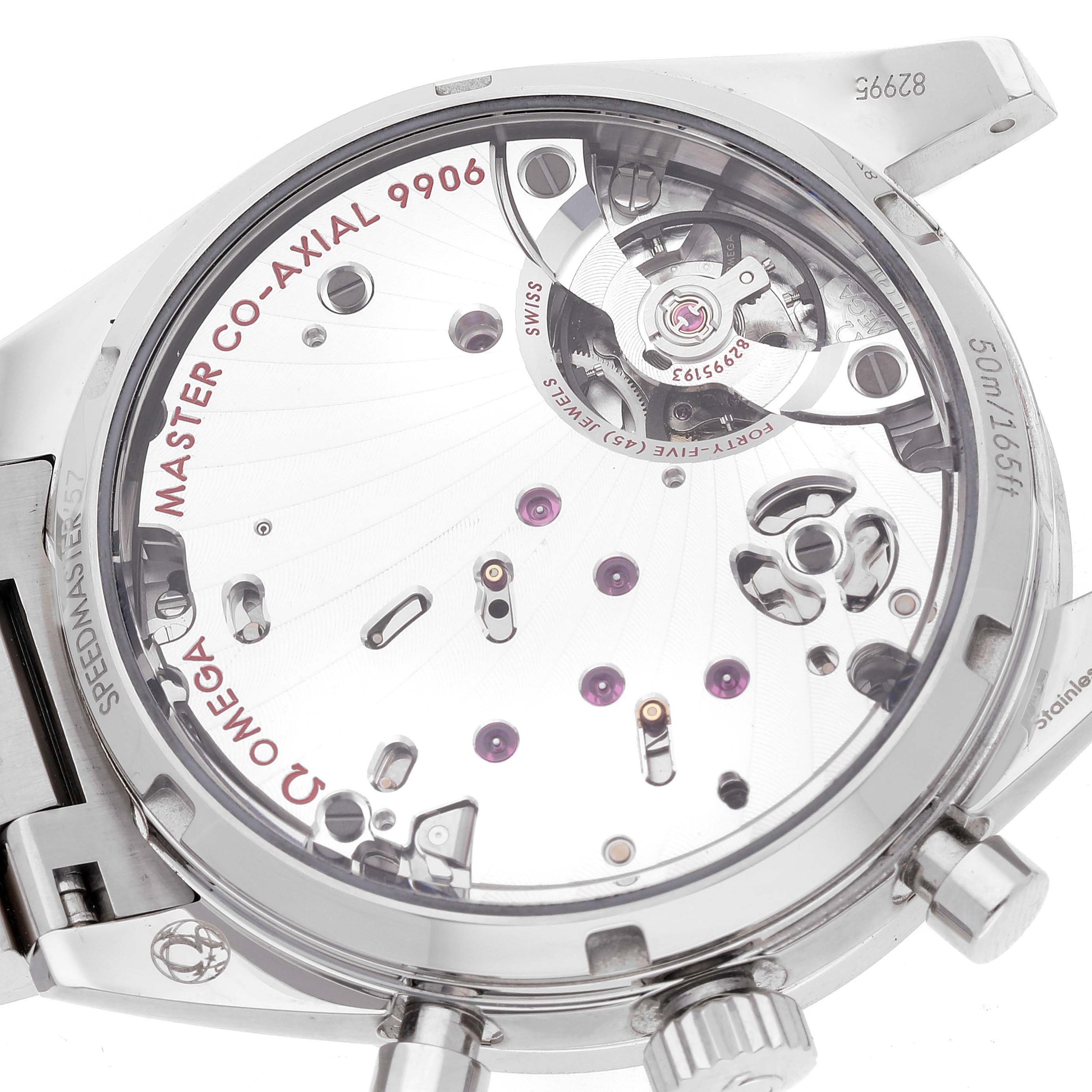 This image shows the back view of the Omega Speedmaster 332.10.41.51.01.001 Men
s Stainless Steel Black Dial 332.10.41.51.01.001 Men
s Stainless Steel Black Dial, highlighting its Master Co-Axial 9906 movement.