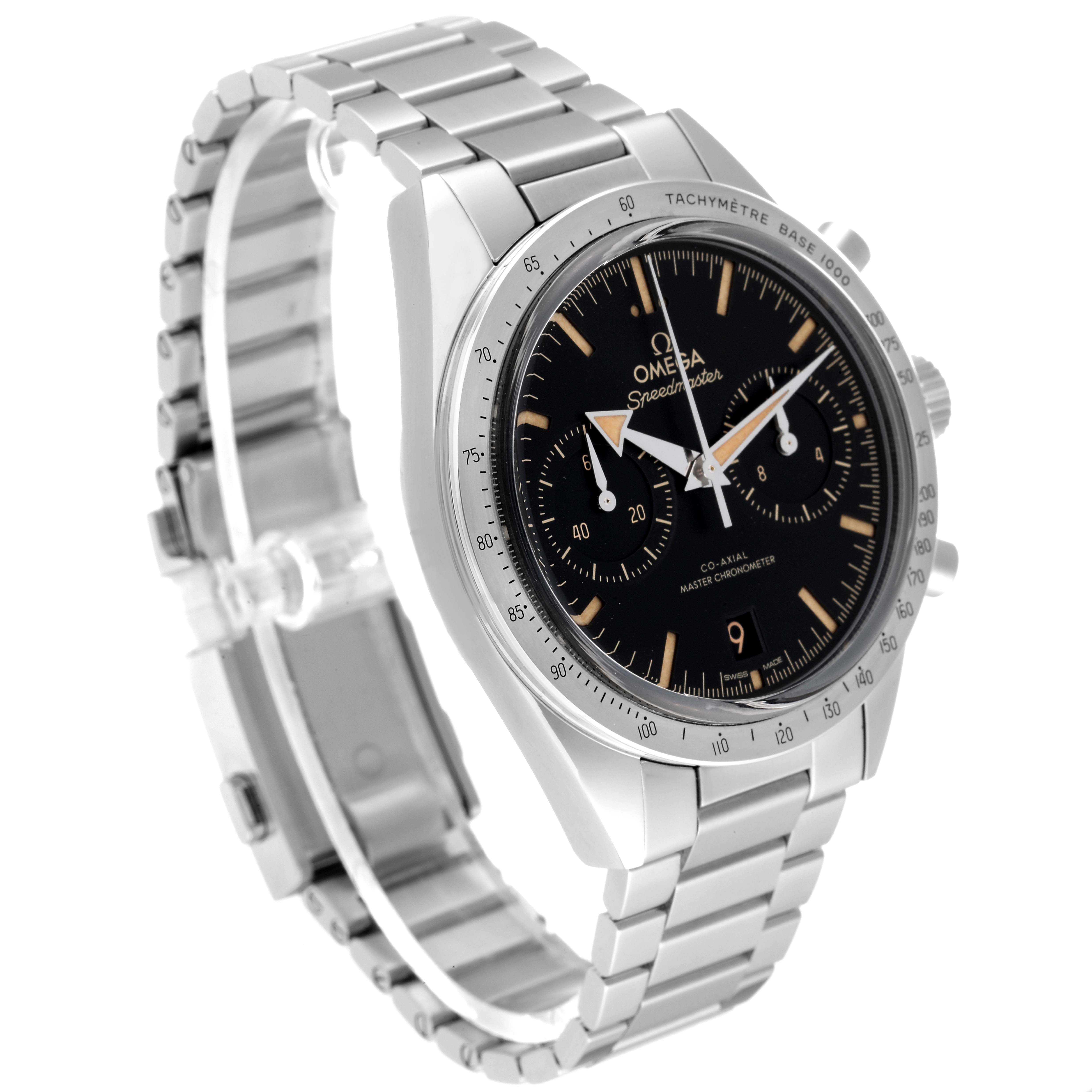 The image shows an Omega Speedmaster 332.10.41.51.01.001 Men
s Stainless Steel Black Dial 332.10.41.51.01.001 Men
s Stainless Steel Black Dial watch at an angled view, highlighting its bracelet, bezel, and dial with subdials.