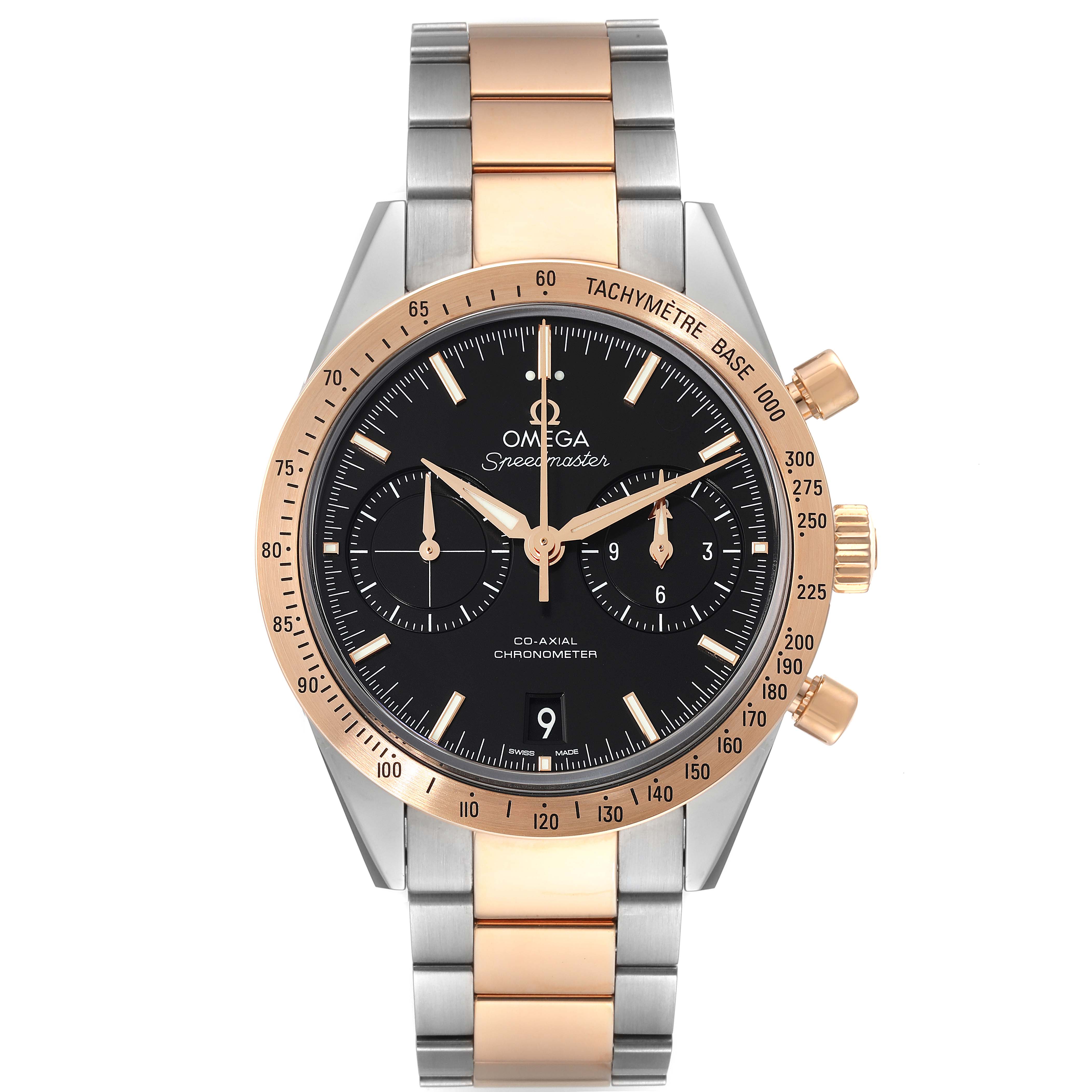 The image shows a front view of the Omega Speedmaster 331.20.42.51.01.002 Men's Steel and Gold (two tone) Black Dial 331.20.42.51.01.002 Men's Steel and Gold (two tone) Black Dial watch, highlighting its dial, tachymeter bezel, and two-tone bracelet.