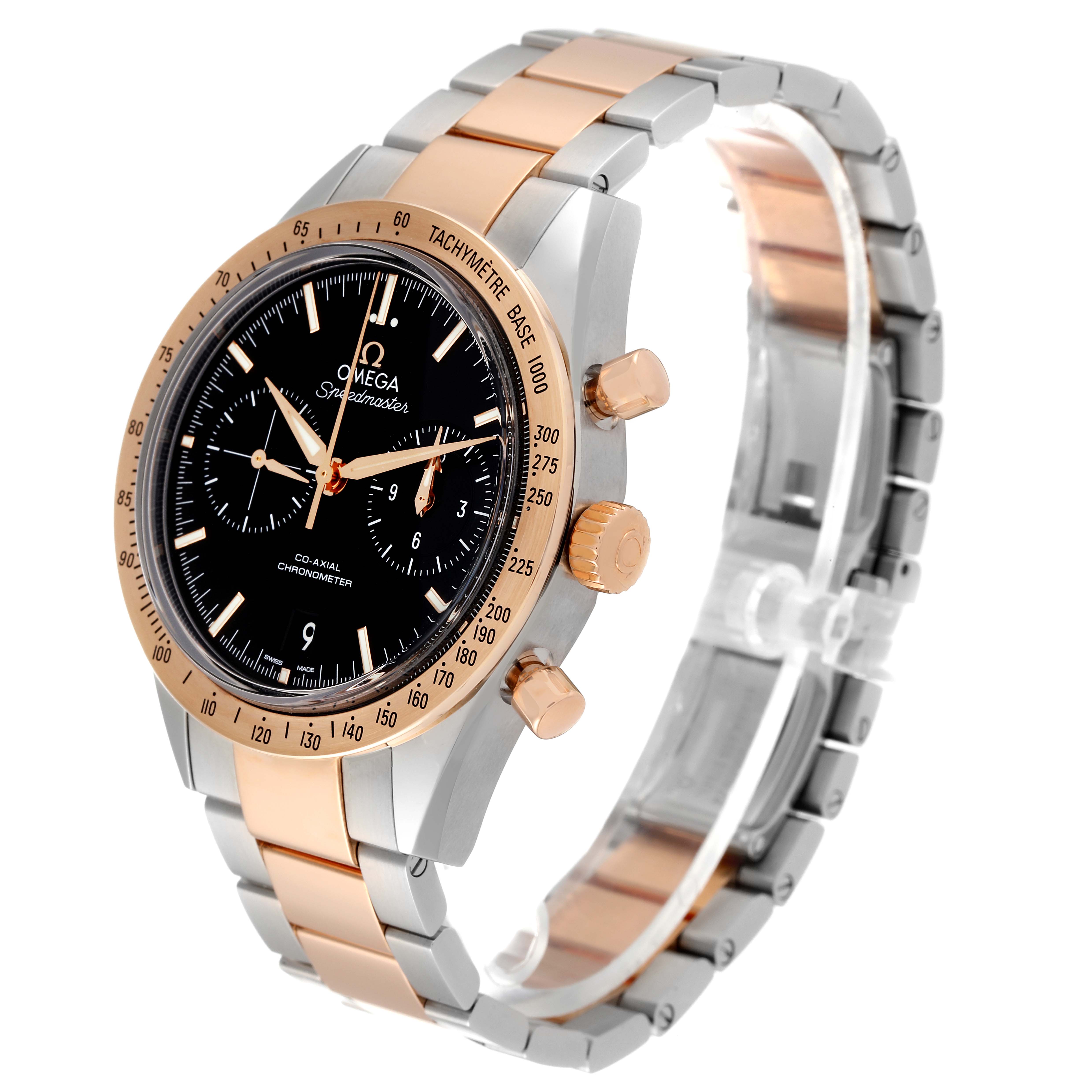 The image shows an angled view of an Omega Speedmaster 331.20.42.51.01.002 Men's Steel and Gold (two tone) Black Dial 331.20.42.51.01.002 Men's Steel and Gold (two tone) Black Dial watch featuring the face, bezel, crown, and bracelet.