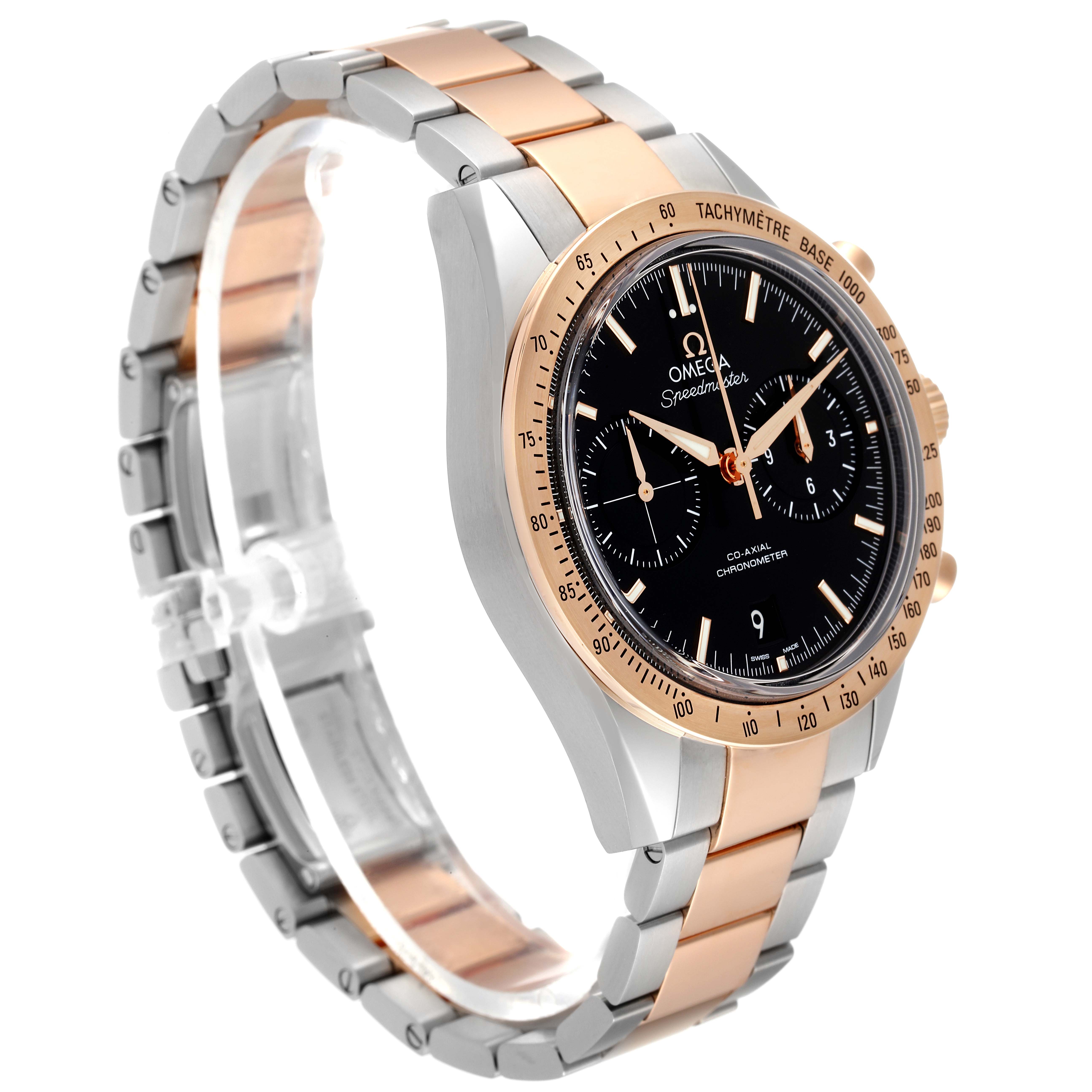 The Omega Speedmaster 331.20.42.51.01.002 Men's Steel and Gold (two tone) Black Dial 331.20.42.51.01.002 Men's Steel and Gold (two tone) Black Dial watch is shown from an angled perspective, highlighting its face, bezel, and bracelet.