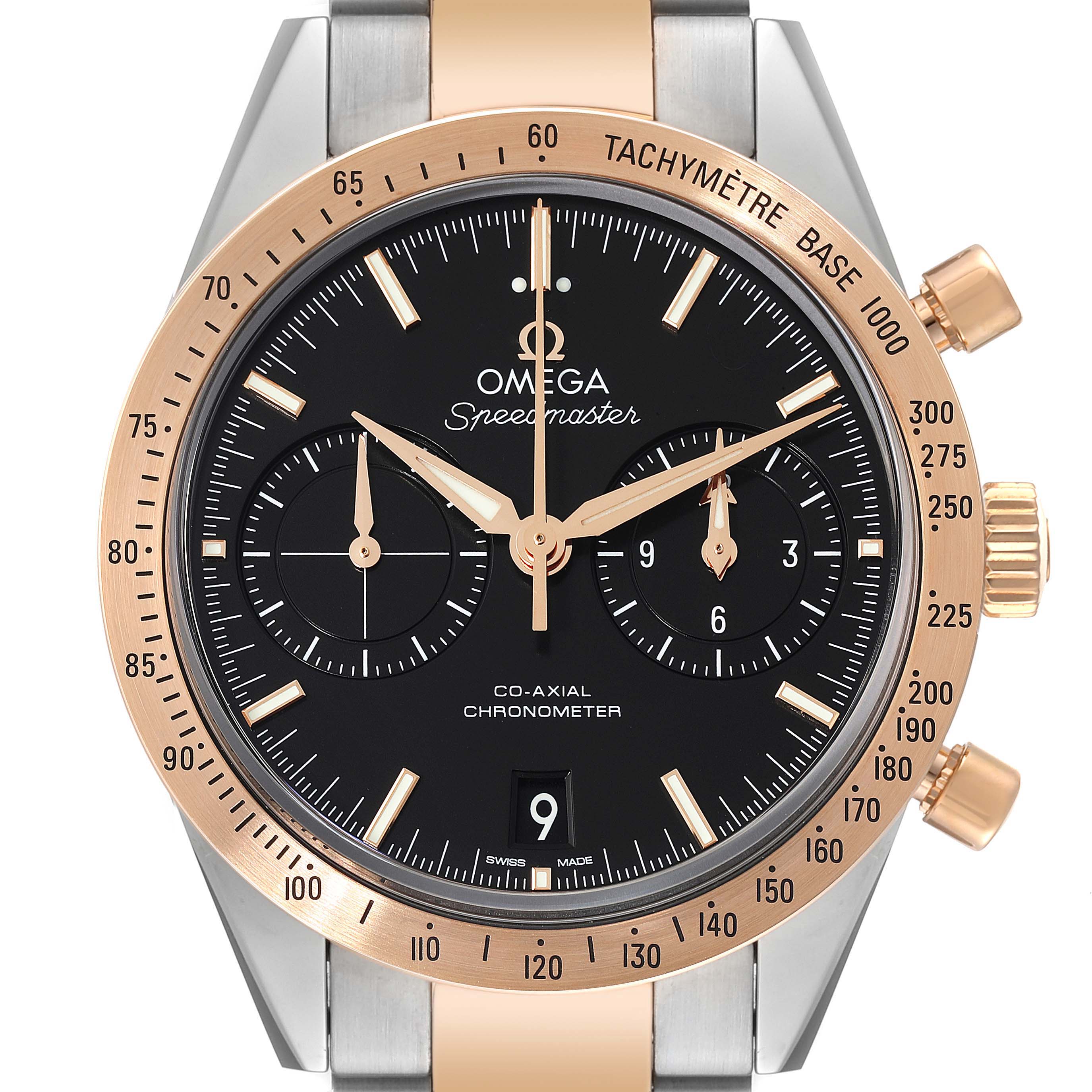 A front view of an Omega Speedmaster 331.20.42.51.01.002 Men's Steel and Gold (two tone) Black Dial 331.20.42.51.01.002 Men's Steel and Gold (two tone) Black Dial watch, showcasing the dial, hands, subdials, bezel, and part of the bracelet.