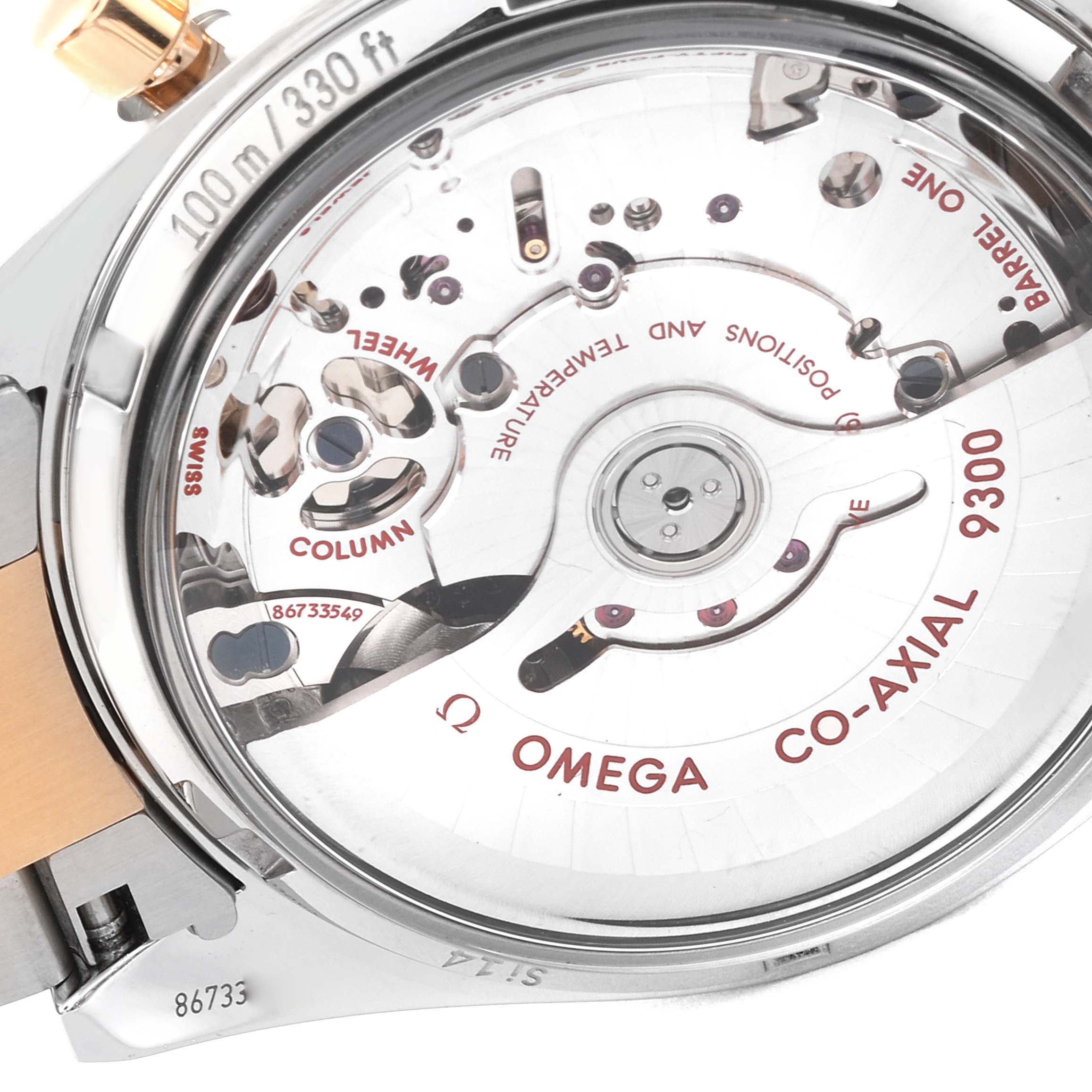 The image shows the back of an Omega Speedmaster 331.20.42.51.01.002 Men's Steel and Gold (two tone) Black Dial 331.20.42.51.01.002 Men's Steel and Gold (two tone) Black Dial watch, focusing on its movement and inner mechanisms.