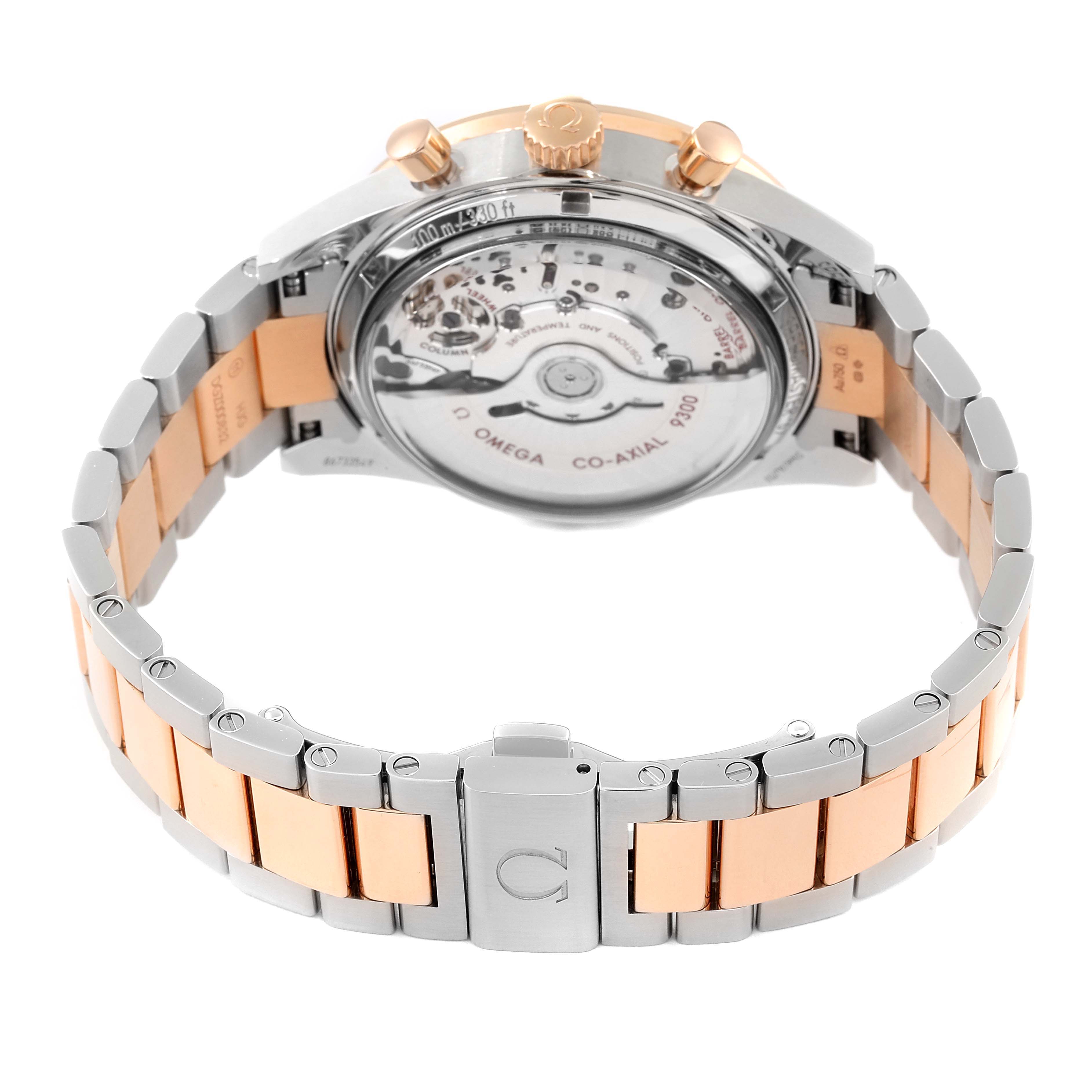 The image shows the back and bracelet of the Omega Speedmaster 331.20.42.51.01.002 Men's Steel and Gold (two tone) Black Dial 331.20.42.51.01.002 Men's Steel and Gold (two tone) Black Dial watch, highlighting the transparent case back and gold accents.