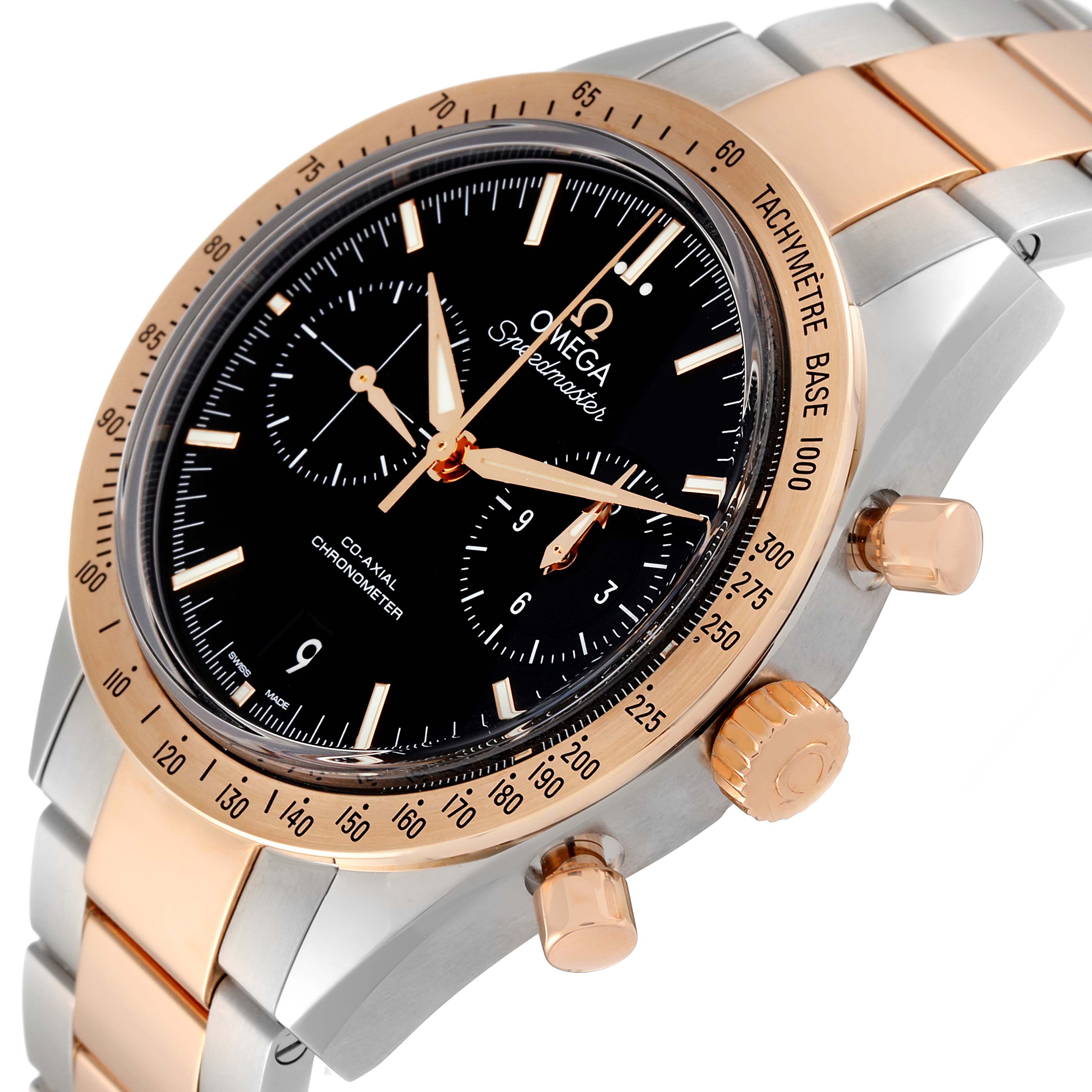 The image shows an angled view of an Omega Speedmaster 331.20.42.51.01.002 Men's Steel and Gold (two tone) Black Dial 331.20.42.51.01.002 Men's Steel and Gold (two tone) Black Dial watch, highlighting the face, bezel, crown, and part of the bracelet.