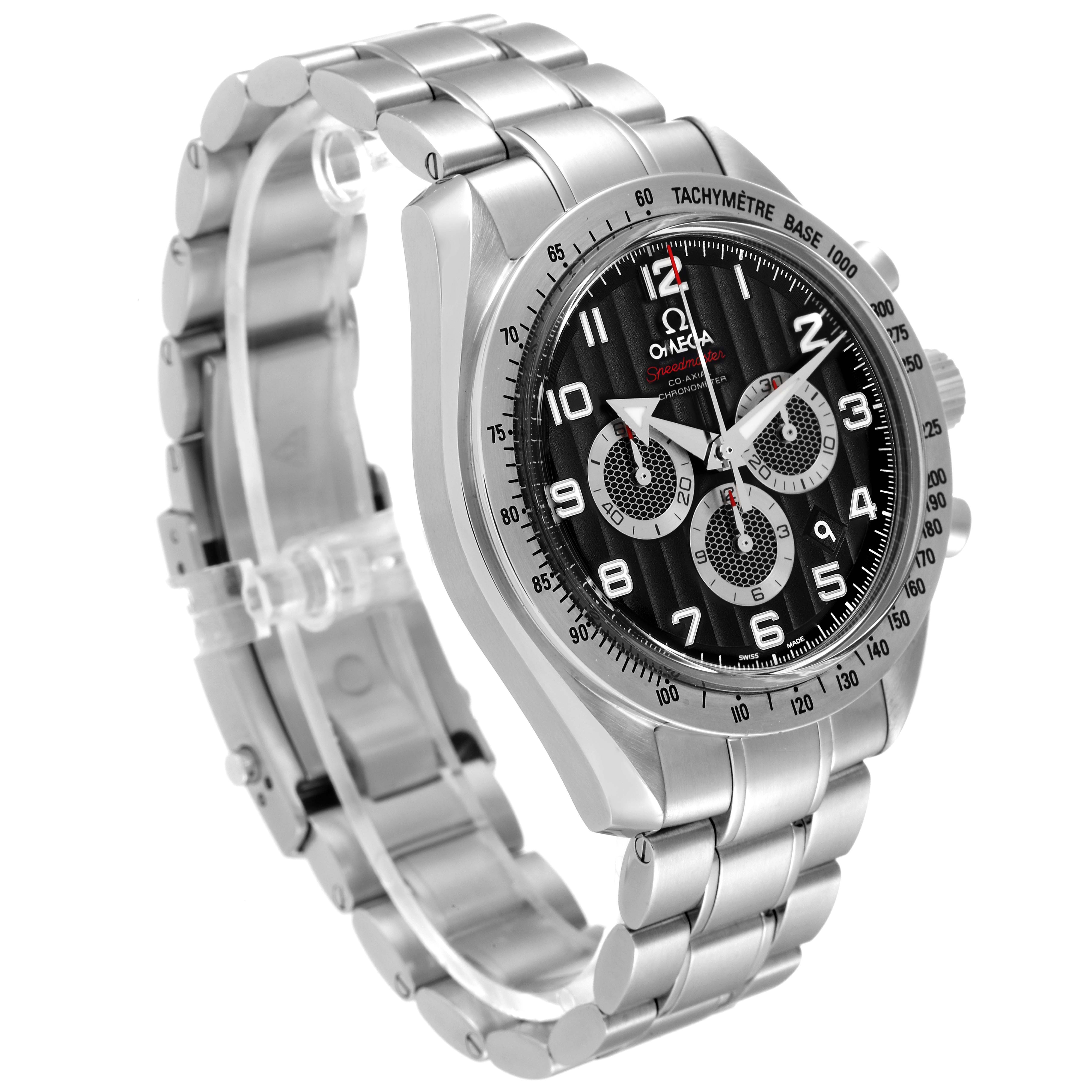 The Omega Speedmaster 321.10.44.50.01.001 Men
s Stainless Steel Black Dial 321.10.44.50.01.001 Men
s Stainless Steel Black Dial watch is shown from an angled side view, featuring the face, bezel, and metal bracelet.