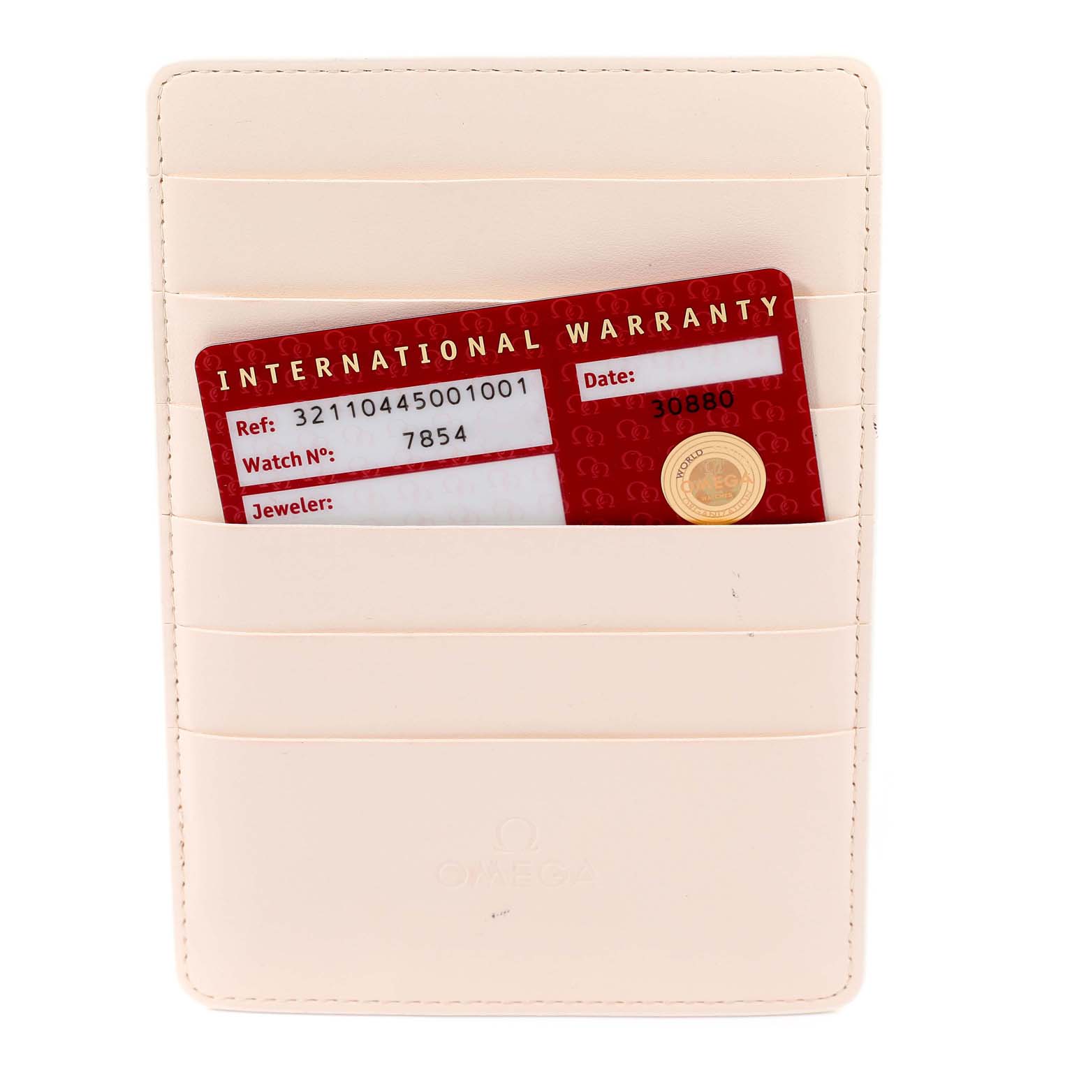 The image shows an Omega Speedmaster 321.10.44.50.01.001 Men
s Stainless Steel Black Dial 321.10.44.50.01.001 Men
s Stainless Steel Black Dial international warranty card in a cream-colored card holder.