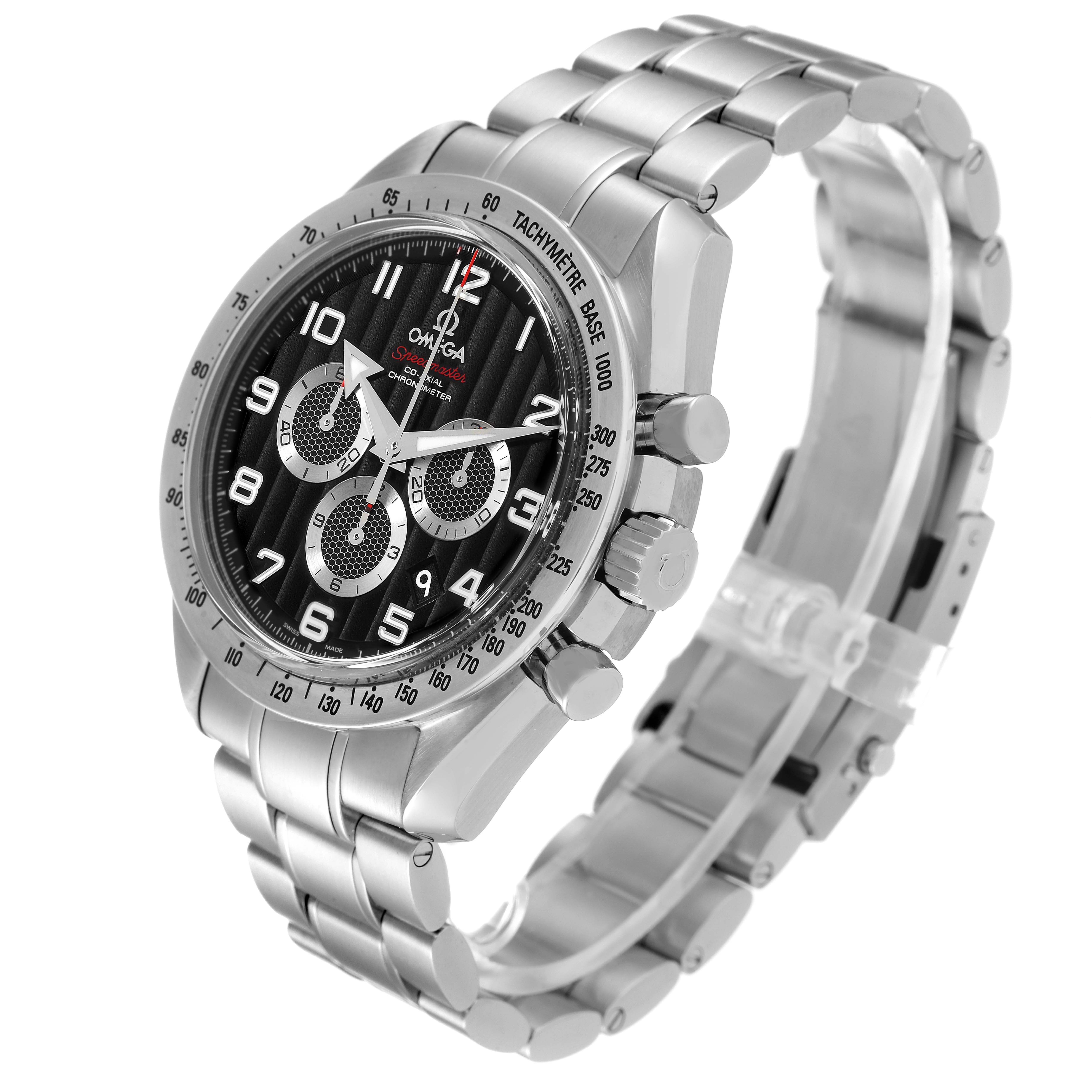 The image shows an Omega Speedmaster 321.10.44.50.01.001 Men
s Stainless Steel Black Dial 321.10.44.50.01.001 Men
s Stainless Steel Black Dial watch angled to display its face, bezel, pushers, crown, and metal bracelet.