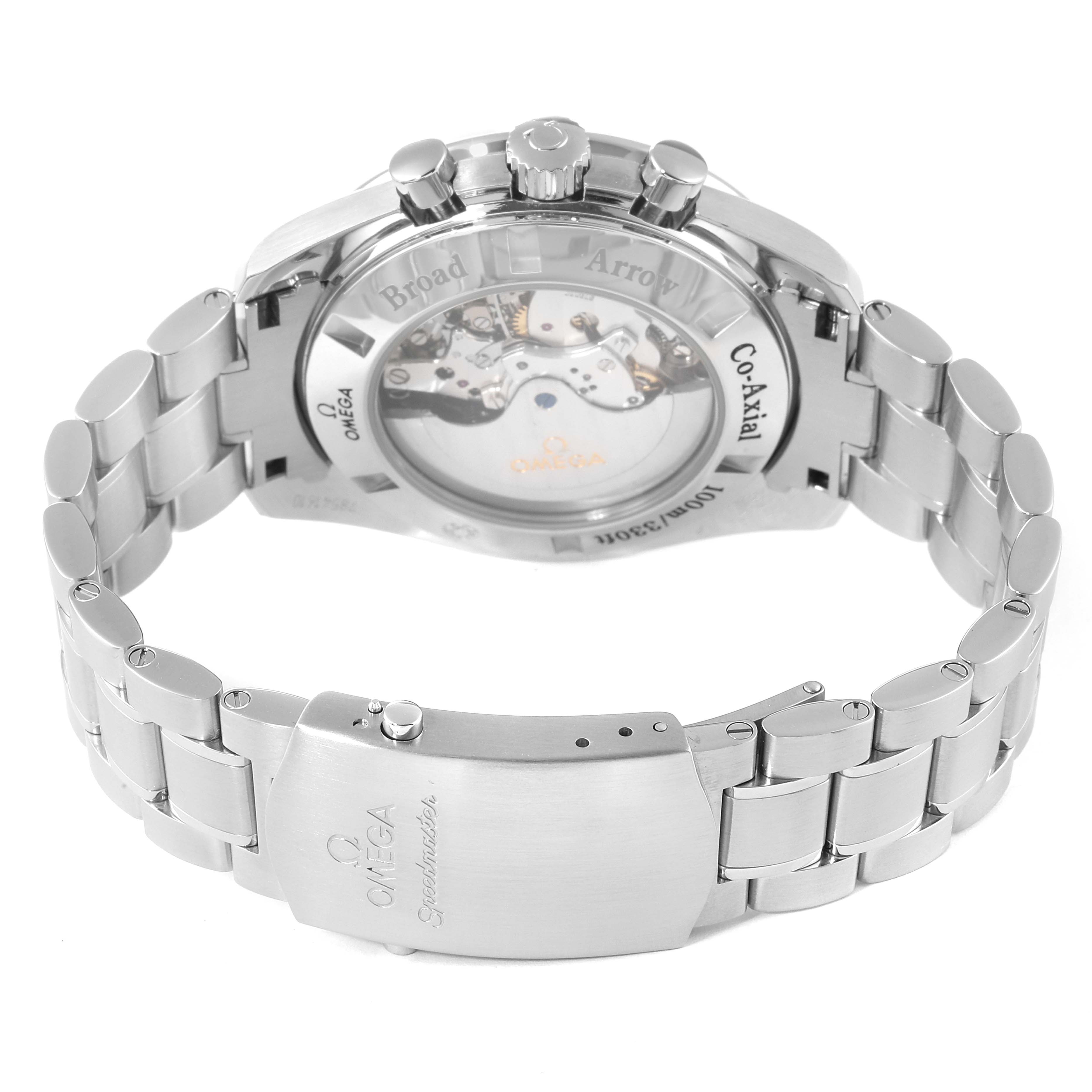 The image shows the back view of an Omega Speedmaster 321.10.44.50.01.001 Men
s Stainless Steel Black Dial 321.10.44.50.01.001 Men
s Stainless Steel Black Dial, highlighting the bracelet, clasp, and transparent case back.