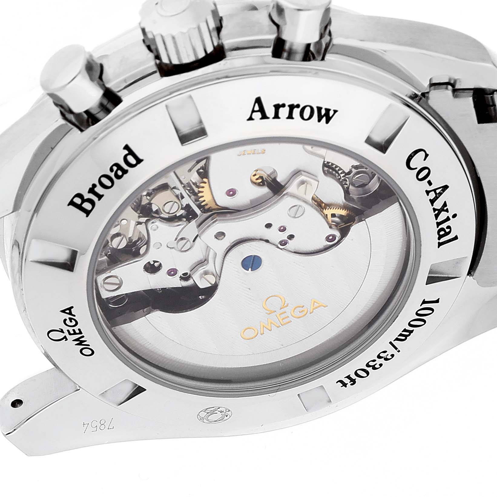 The image shows the back side of the Omega Speedmaster 321.10.44.50.01.001 Men
s Stainless Steel Black Dial 321.10.44.50.01.001 Men
s Stainless Steel Black Dial watch, focusing on the transparent case displaying the movement mechanism.