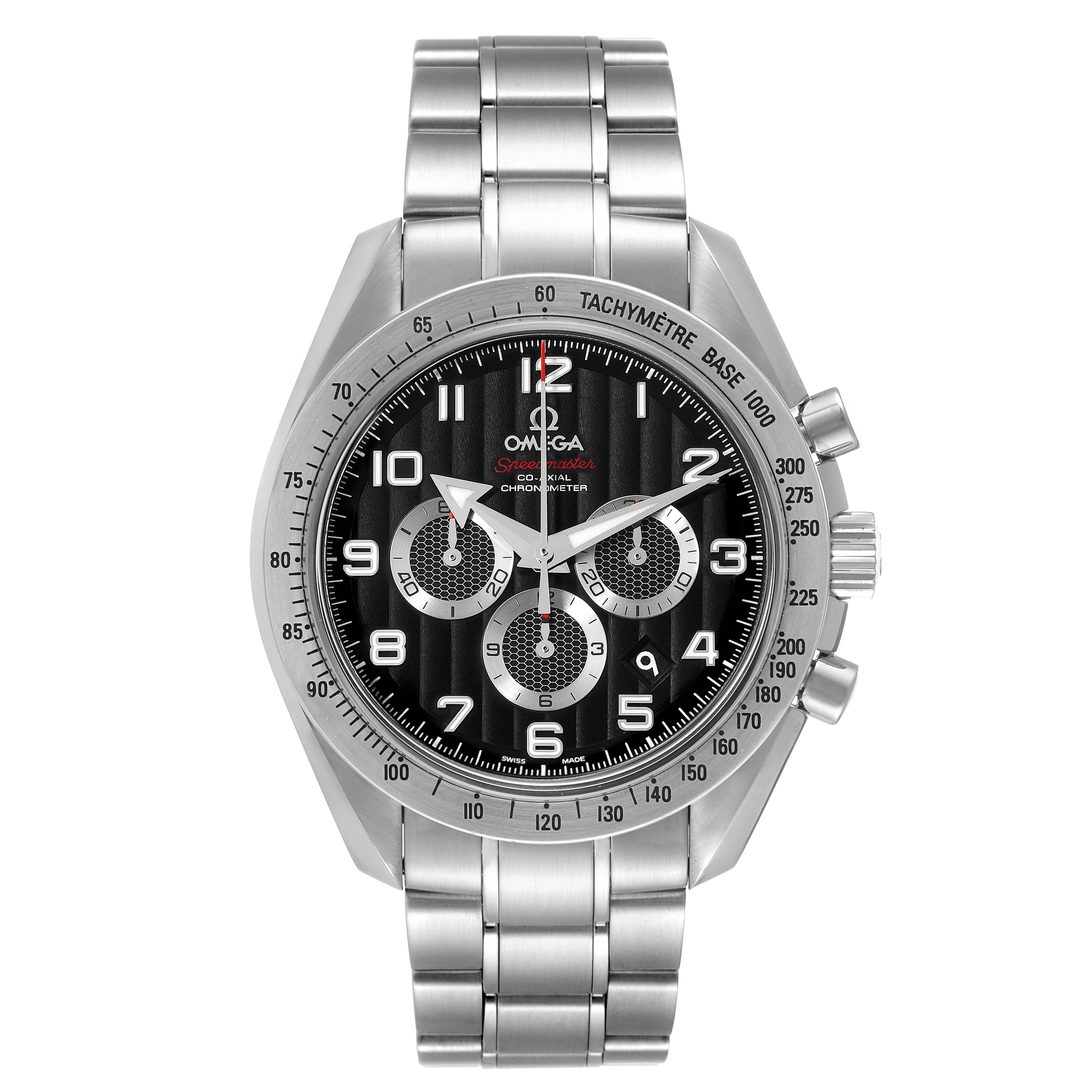 The image shows a front angle view of an Omega Speedmaster 321.10.44.50.01.001 Men
s Stainless Steel Black Dial 321.10.44.50.01.001 Men
s Stainless Steel Black Dial watch, including its face, bezel, and metal bracelet.