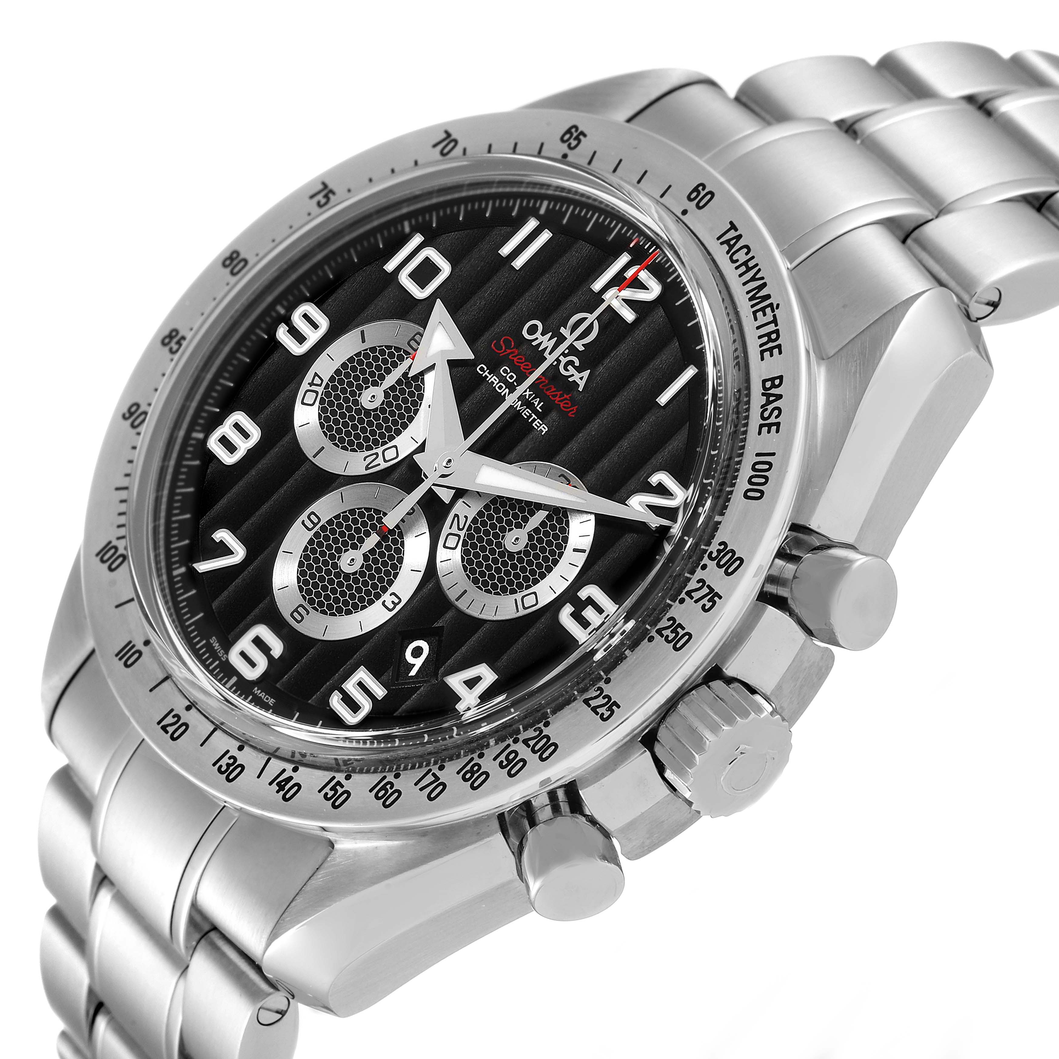 The image shows an angled view of an Omega Speedmaster 321.10.44.50.01.001 Men
s Stainless Steel Black Dial 321.10.44.50.01.001 Men
s Stainless Steel Black Dial watch, highlighting the dial, bezel, crown, and stainless steel bracelet.