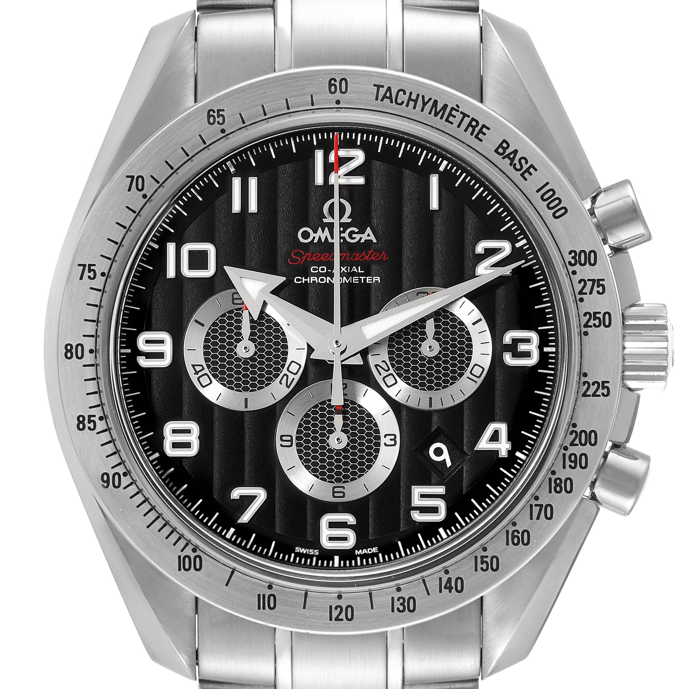 The image shows a front view of the Omega Speedmaster 321.10.44.50.01.001 Men
s Stainless Steel Black Dial 321.10.44.50.01.001 Men
s Stainless Steel Black Dial watch, showcasing the dial, chronograph subdials, and pushers.